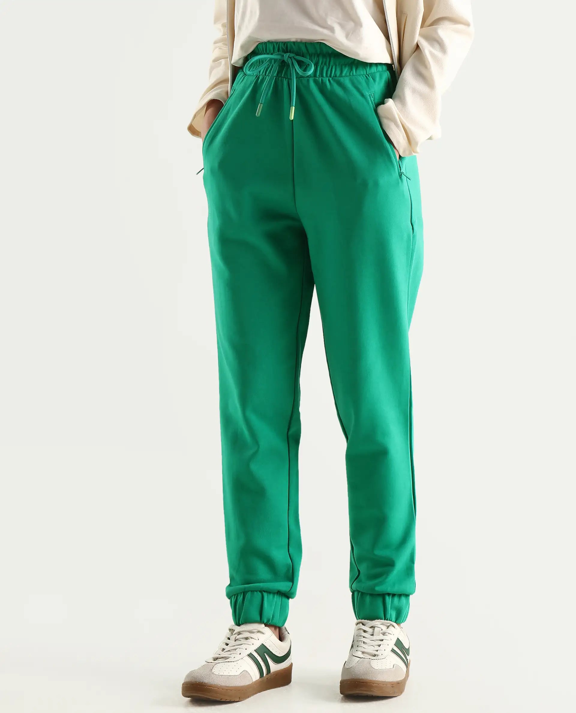 Rareism Women's Heavy Weight Interlock 340 Gsm Cotton Blend Plain Ankle Length Relaxed Fit Track Pant