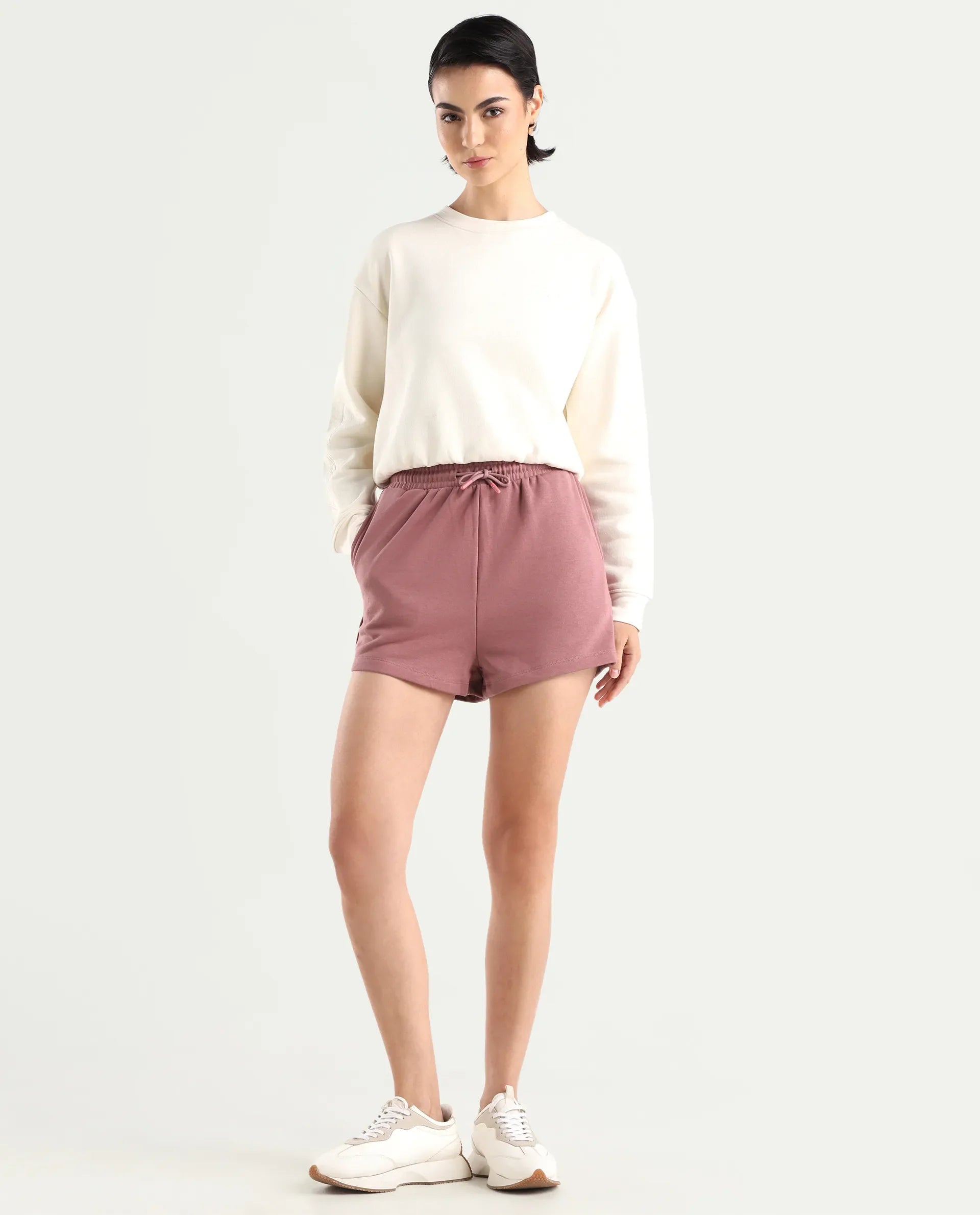 Rareism Women's Medium Weight Terry 290 Gsm Cotton Blend Plain Mini Relaxed Fit Shorts