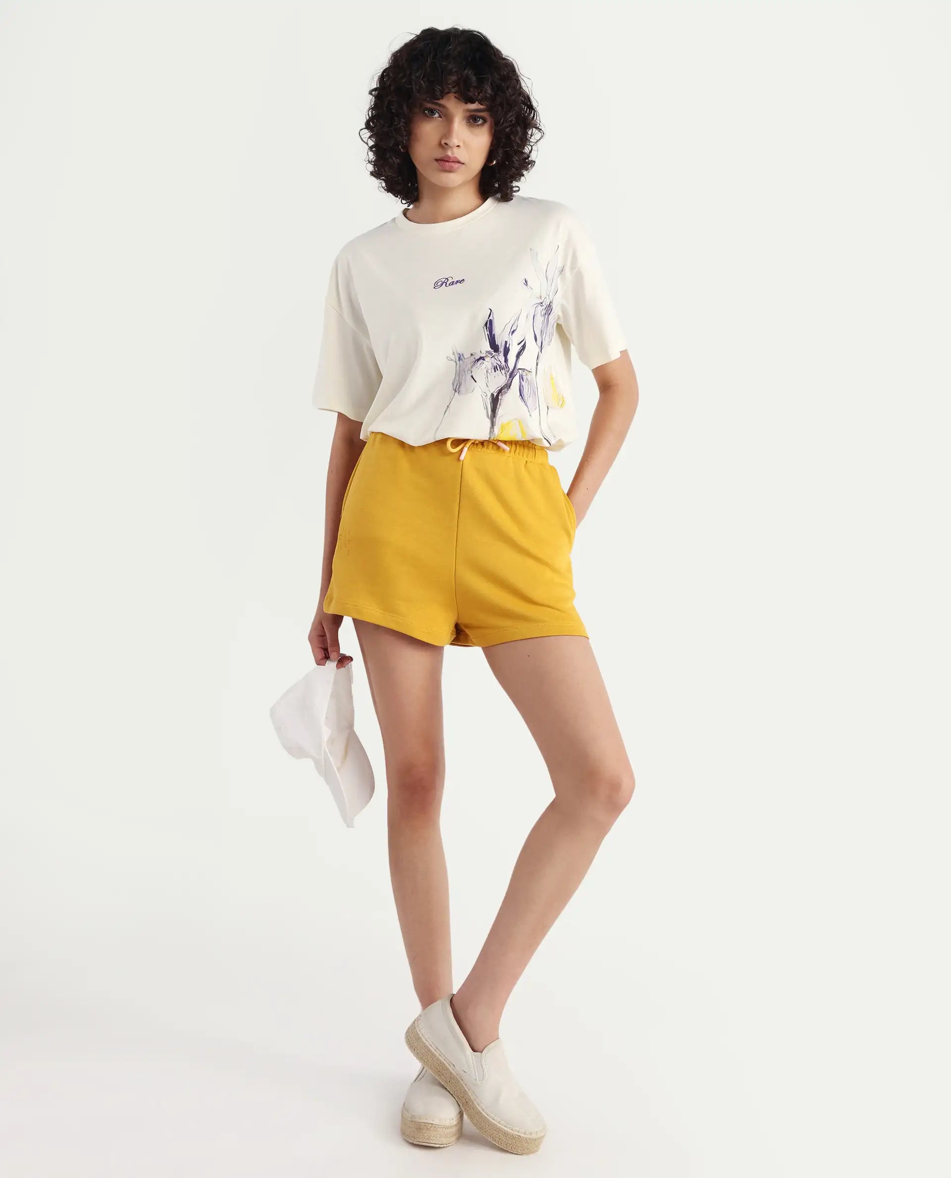 Rareism Women's Medium Weight Terry 290 Gsm Cotton Blend Plain Mini Relaxed Fit Shorts