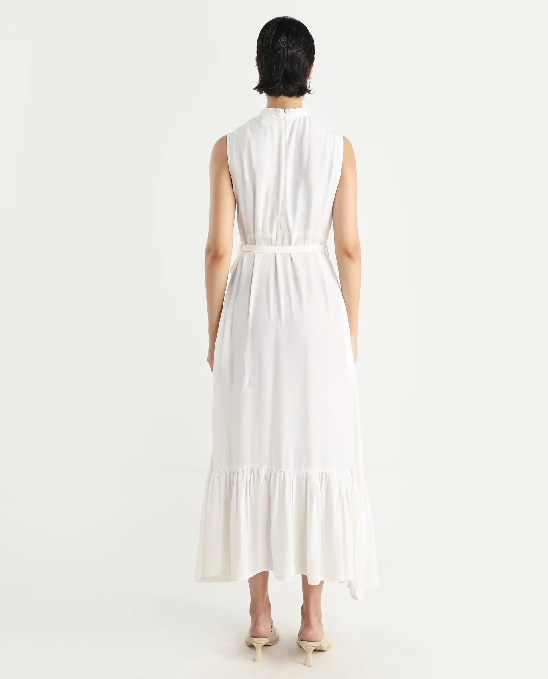 Rareism Women's Lilies White Polyester Blend High Neck Plain Sleeveless Maxi Regular Fit Dress