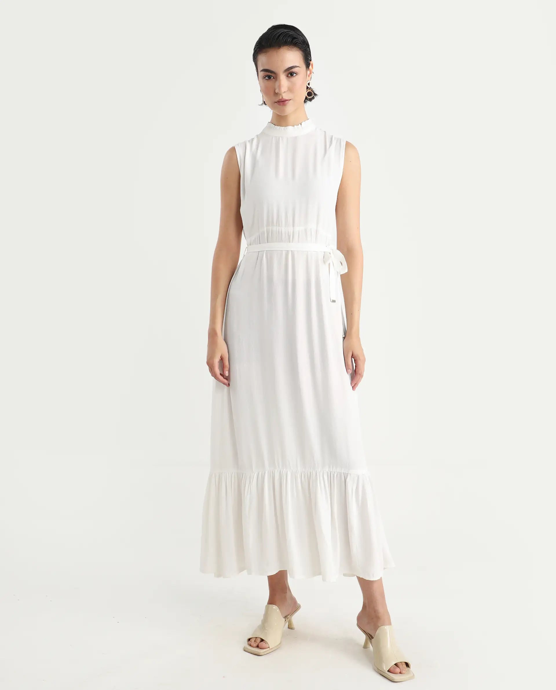 Rareism Women's Lilies White Polyester Blend High Neck Plain Sleeveless Maxi Regular Fit Dress