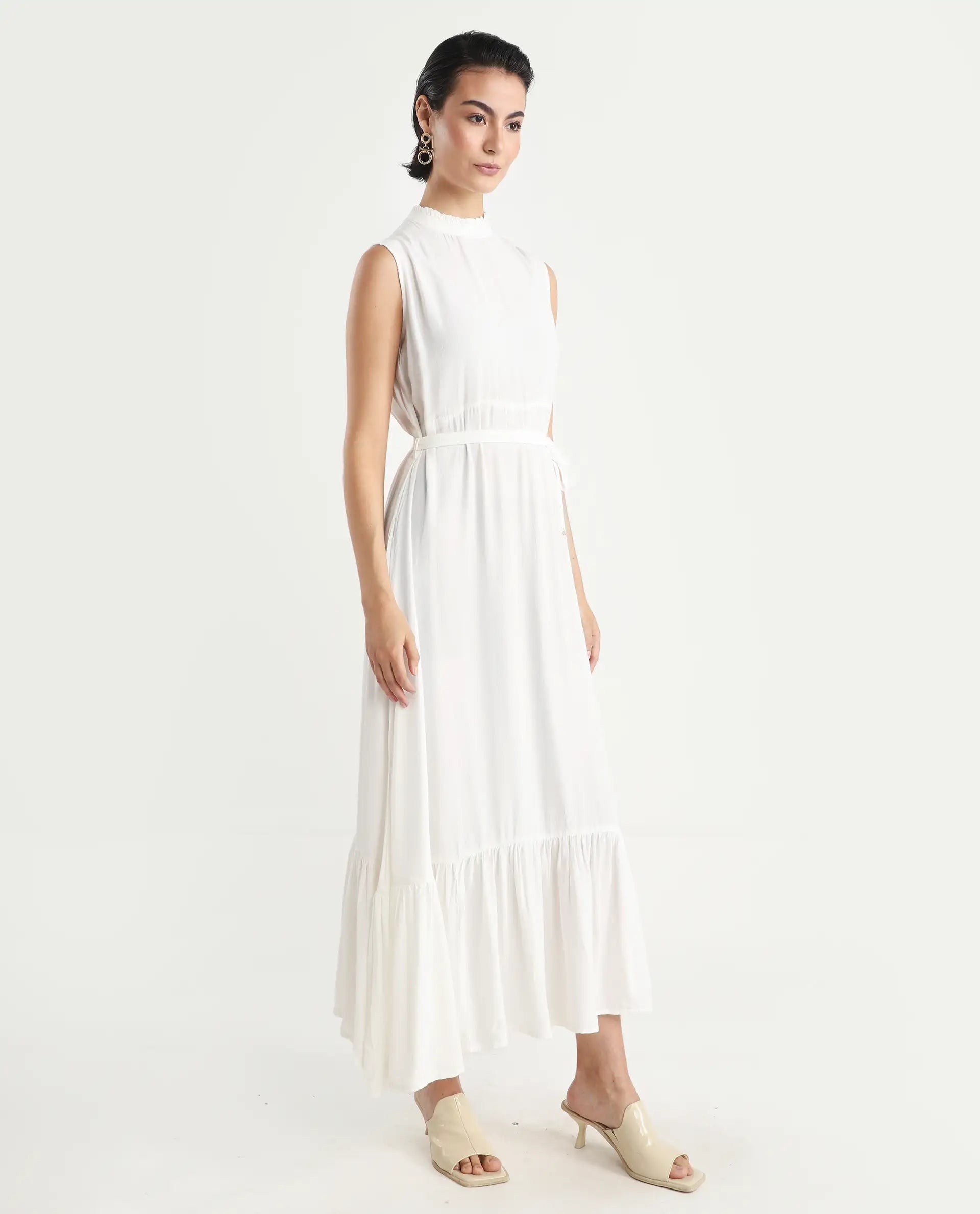 Rareism Women's Lilies White Polyester Blend High Neck Plain Sleeveless Maxi Regular Fit Dress