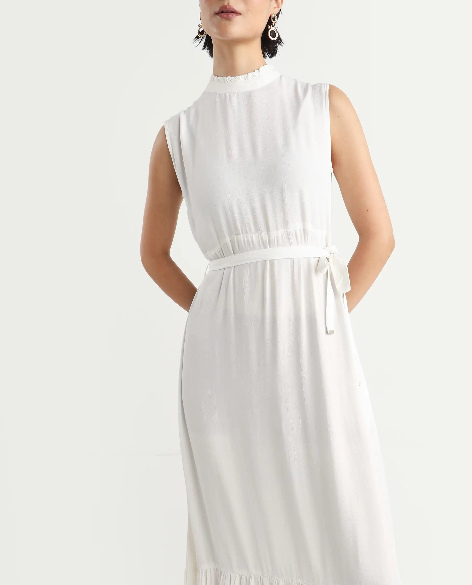 Rareism Women's Lilies White Polyester Blend High Neck Plain Sleeveless Maxi Regular Fit Dress