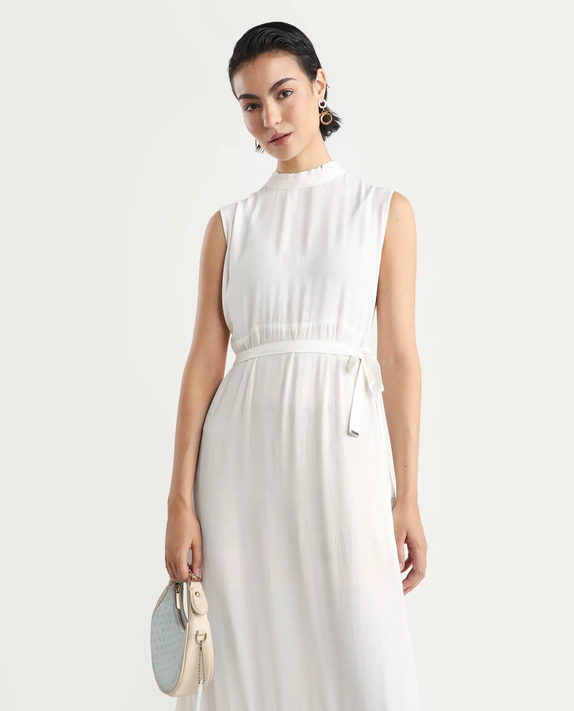 Rareism Women's Lilies White Polyester Blend High Neck Plain Sleeveless Maxi Regular Fit Dress