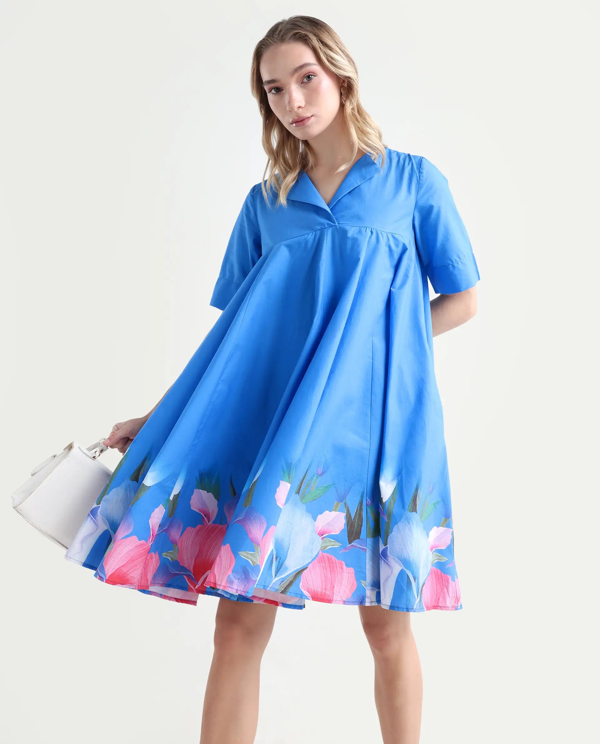 Rareism Women's Xender Blue Cotton Lapel Neck Floral Print Mini Flared Dress