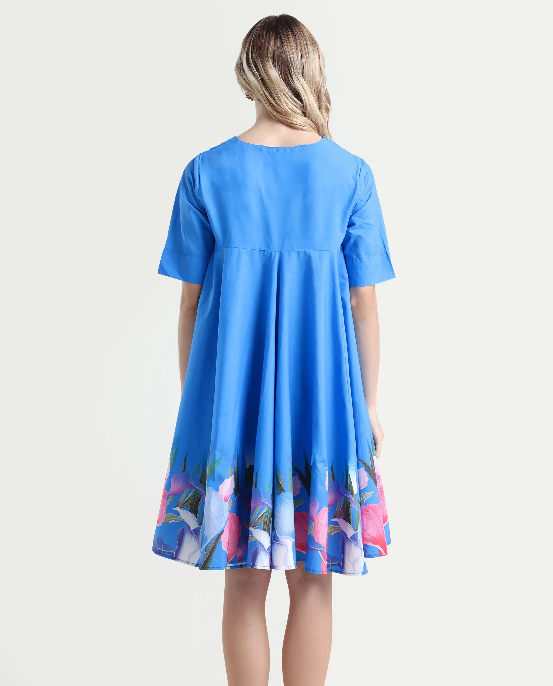 Rareism Women's Xender Blue Cotton Lapel Neck Floral Print Mini Flared Dress
