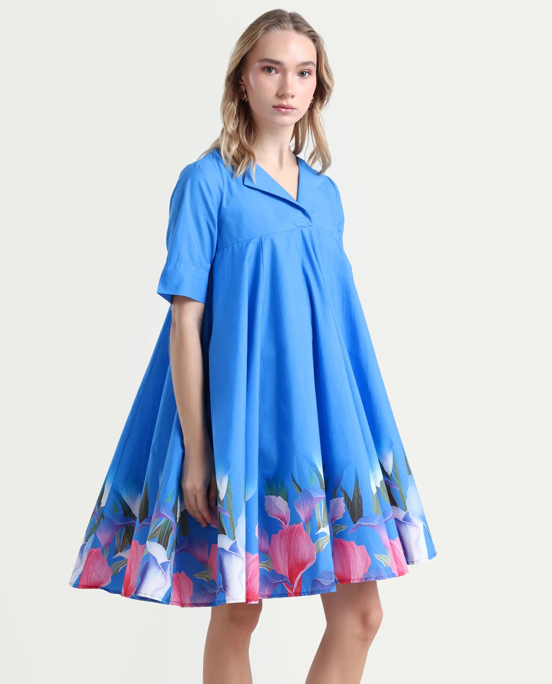 Rareism Women's Xender Blue Cotton Lapel Neck Floral Print Mini Flared Dress