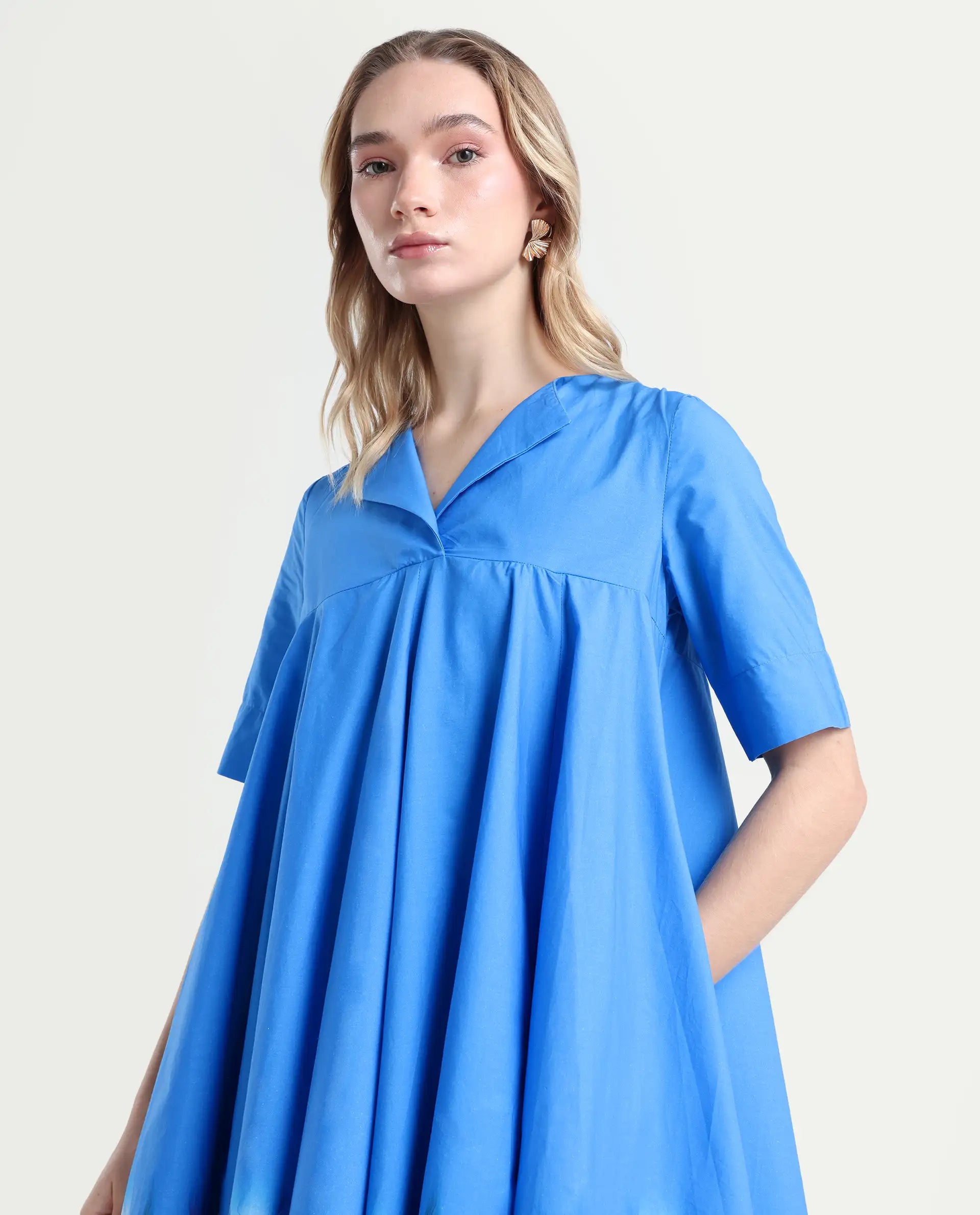 Rareism Women's Xender Blue Cotton Lapel Neck Floral Print Mini Flared Dress