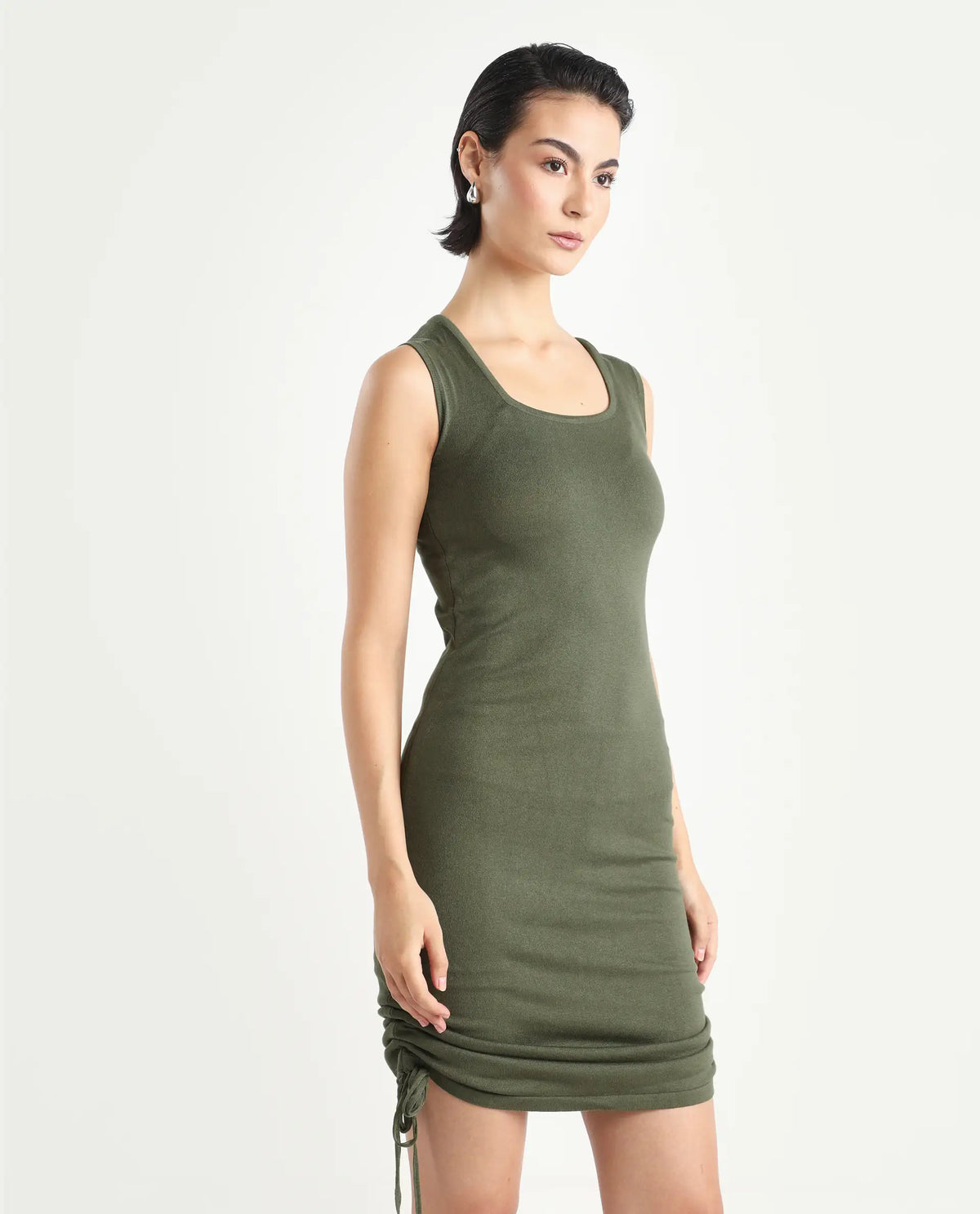 Rareism Women's Hailey Olive Viscose Square Neck Plain Sleeveless Mini Regular Fit Dress