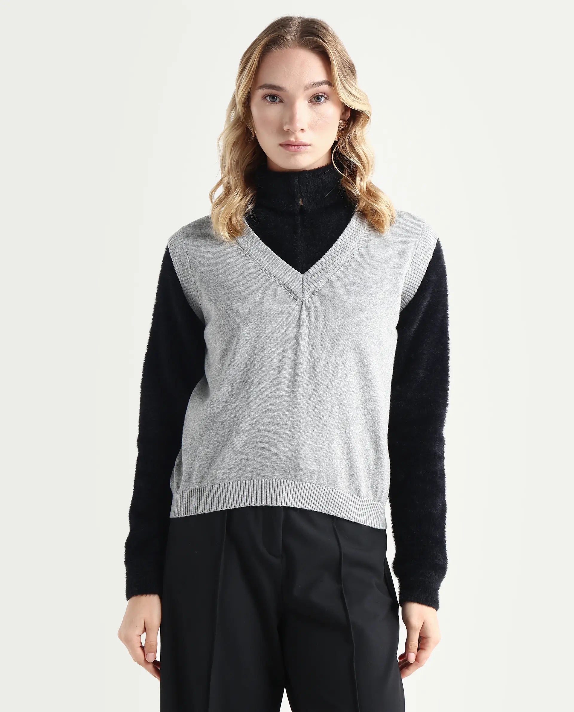 Rareism Women's Madelyn Grey Cotton V-Neck Plain Sleeveless Regular Fit Sweater