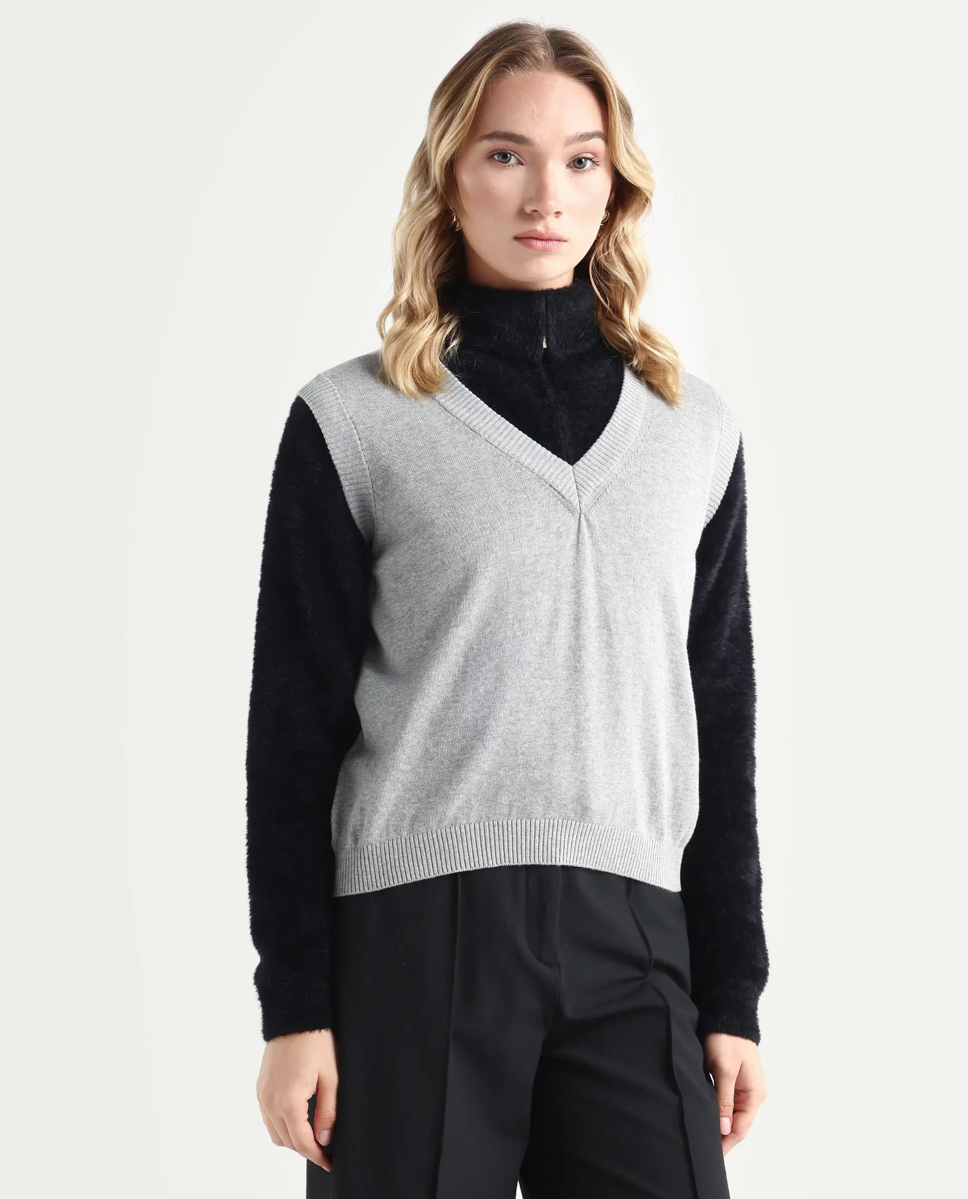 Rareism Women's Madelyn Grey Cotton V-Neck Plain Sleeveless Regular Fit Sweater