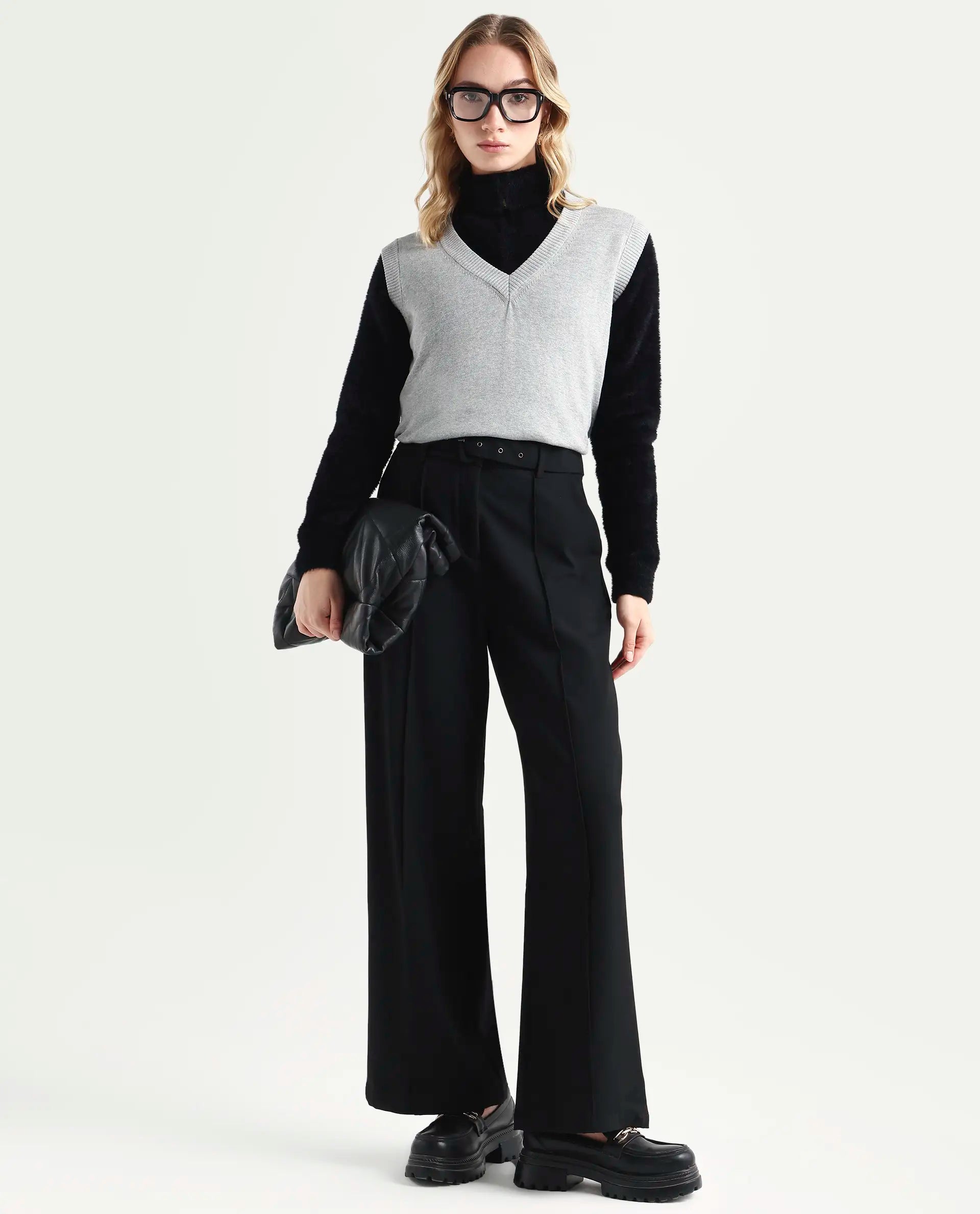 Rareism Women's Madelyn Grey Cotton V-Neck Plain Sleeveless Regular Fit Sweater