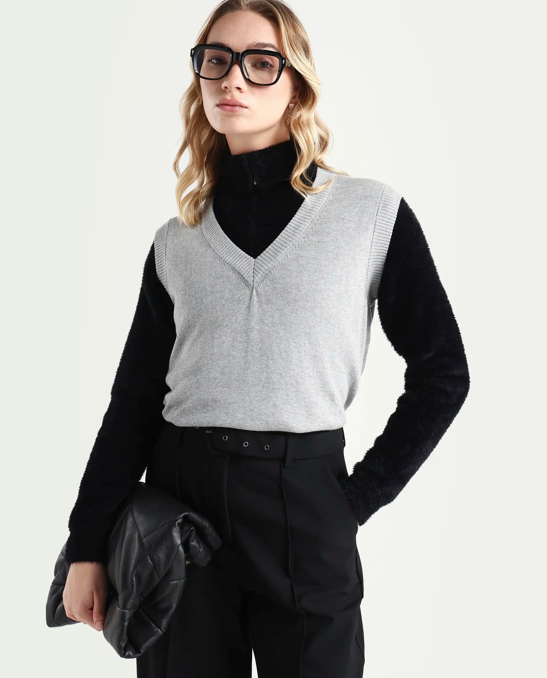 Rareism Women's Madelyn Grey Cotton V-Neck Plain Sleeveless Regular Fit Sweater