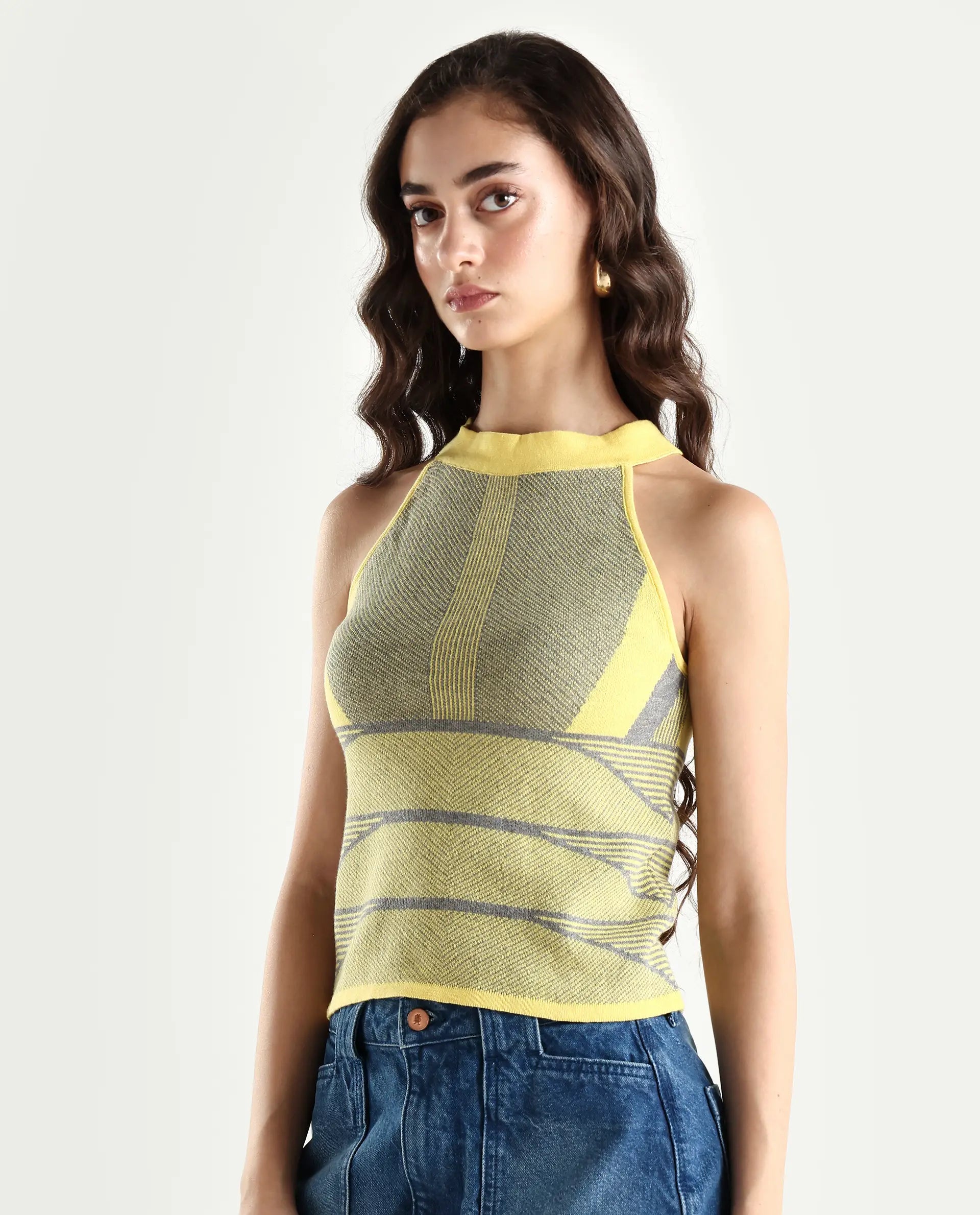 Rareism Women's Lila Yellow Cotton Halter Neck Textured Sleeveless Regular Fit Sweater