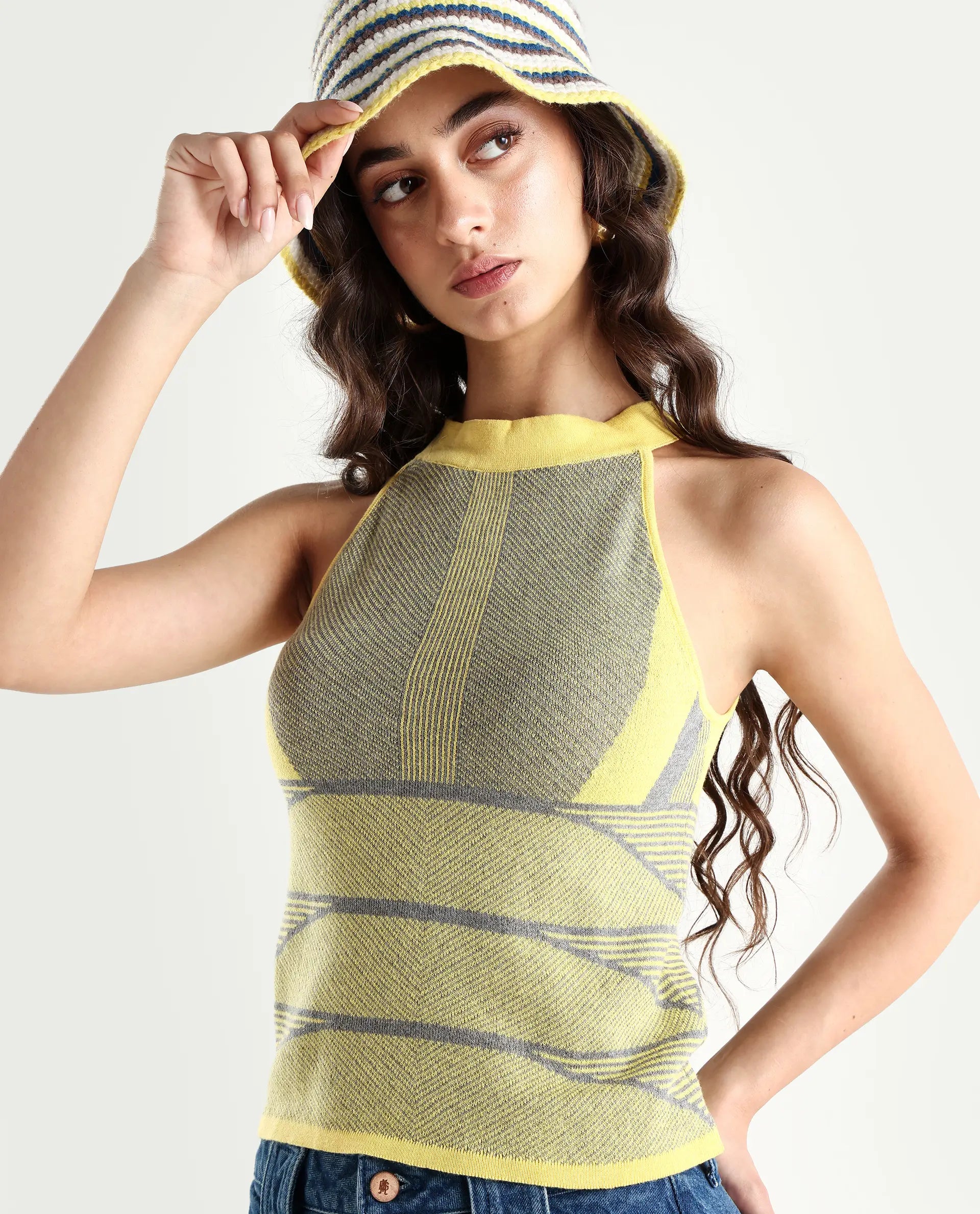 Rareism Women's Lila Yellow Cotton Halter Neck Textured Sleeveless Regular Fit Sweater
