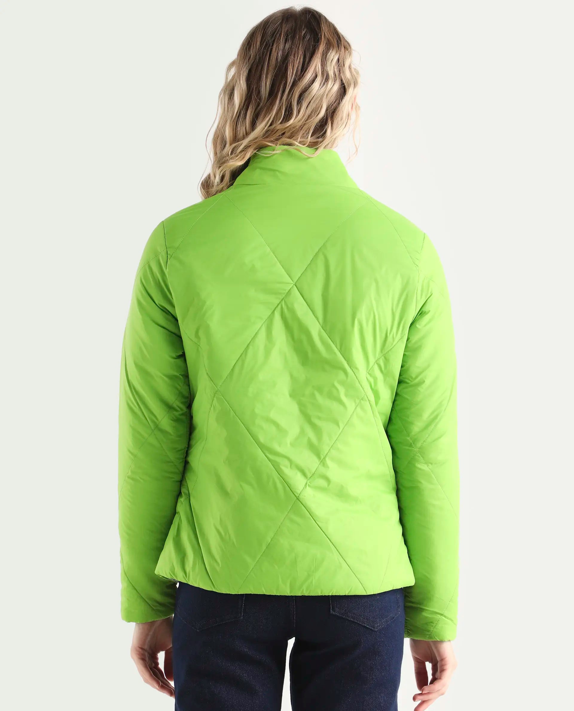 Rareism Women's Cora Green Polyester High Neck Plain Regular Fit Jacket