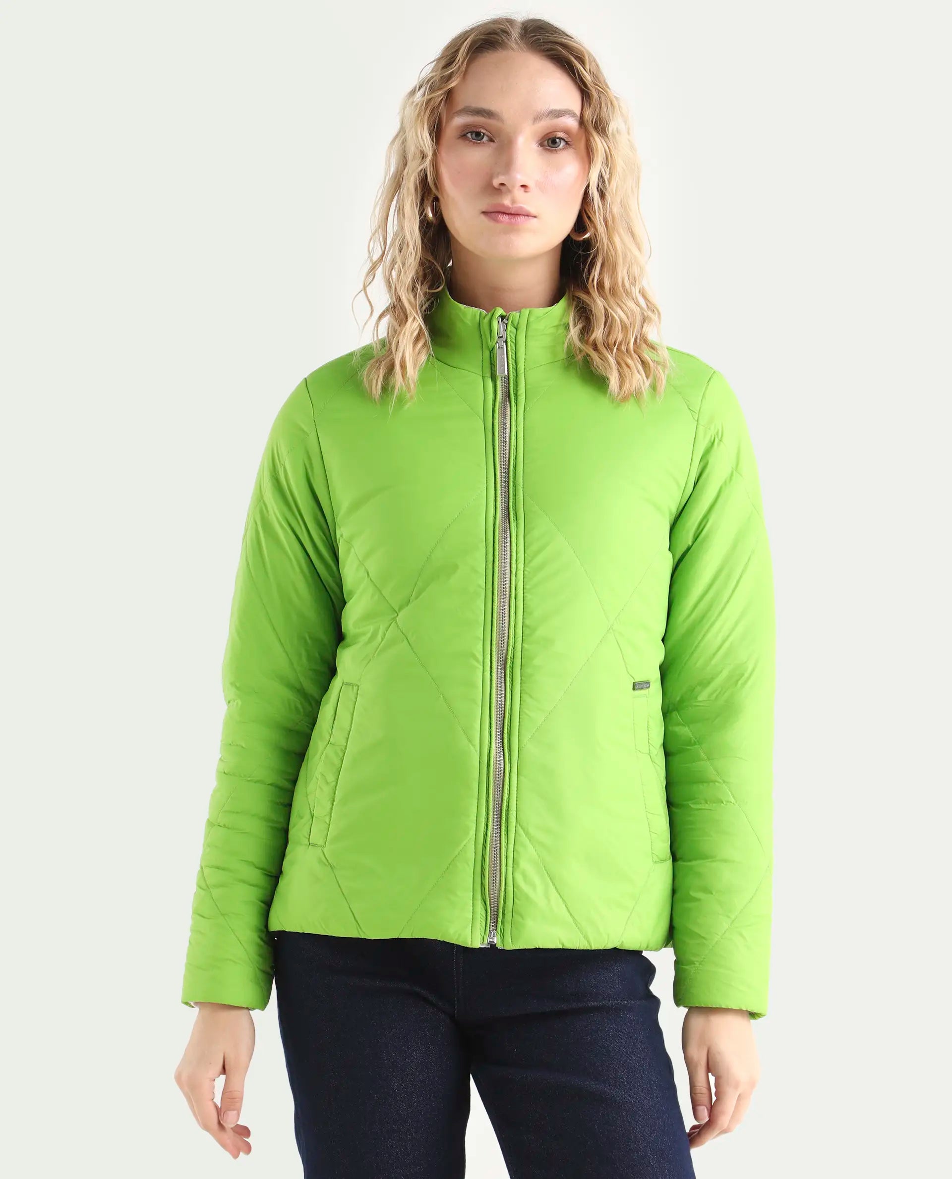 Rareism Women's Cora Green Polyester High Neck Plain Regular Fit Jacket