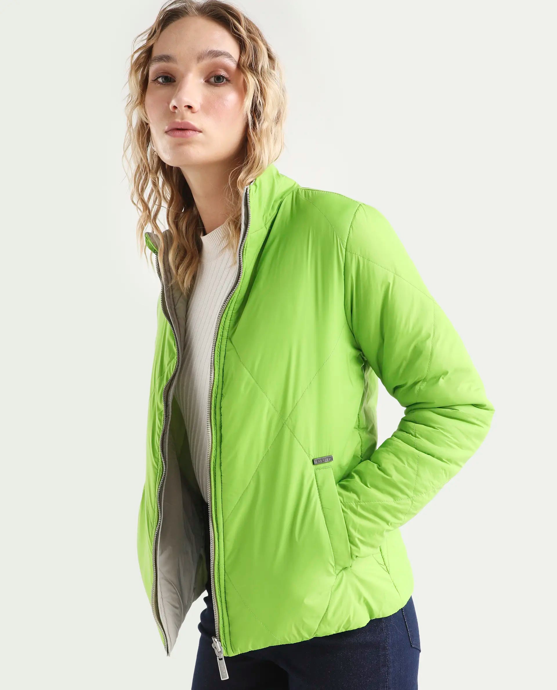 Rareism Women's Cora Green Polyester High Neck Plain Regular Fit Jacket