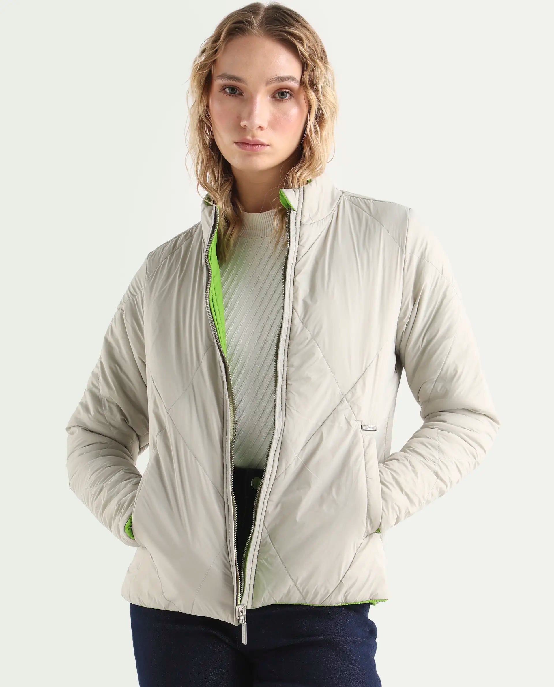 Rareism Women's Cora Green Polyester High Neck Plain Regular Fit Jacket