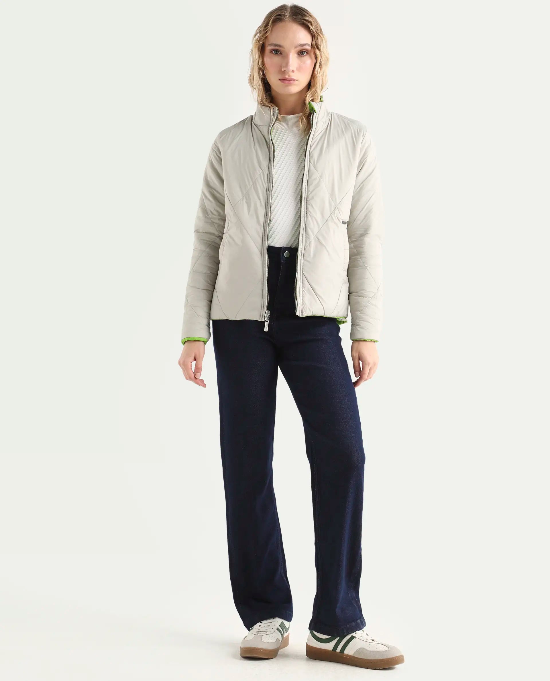 Rareism Women's Cora Green Polyester High Neck Plain Regular Fit Jacket