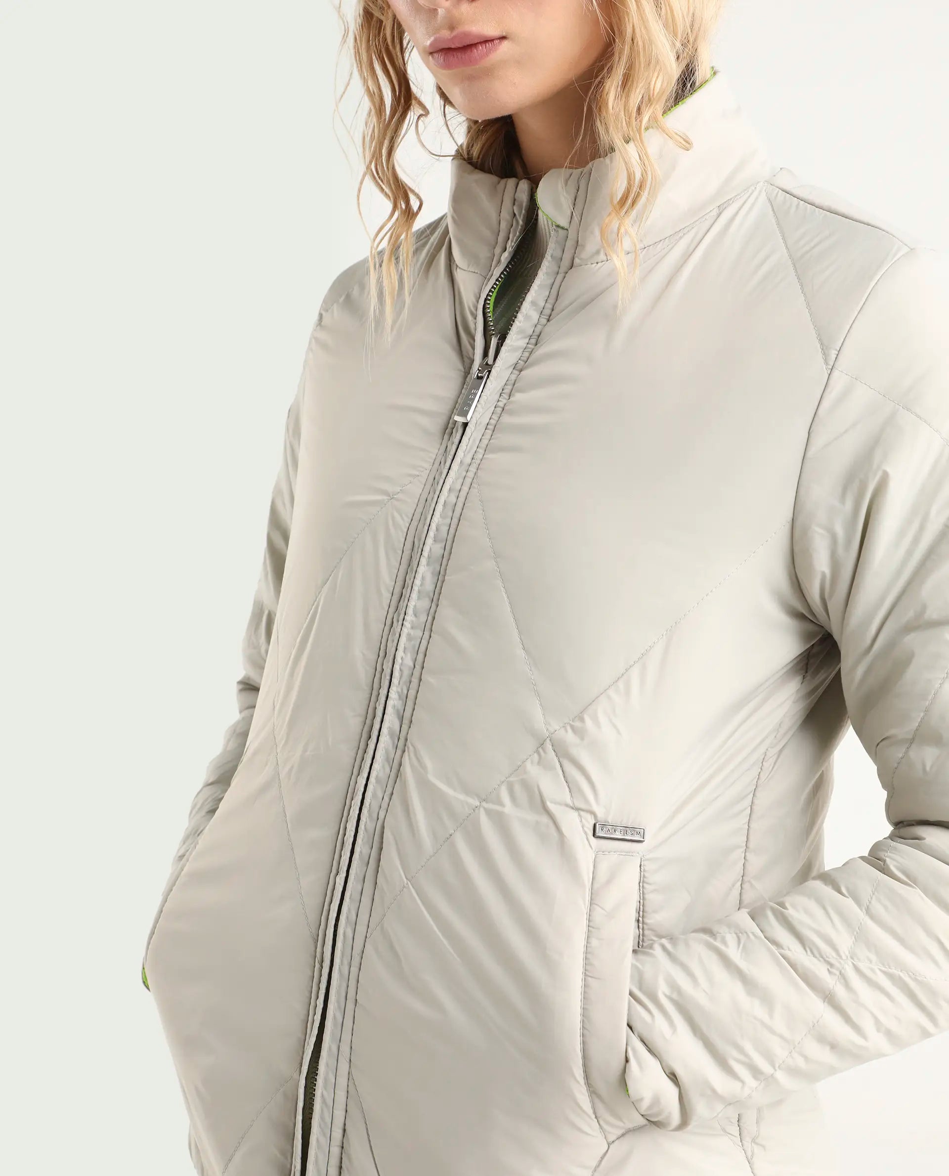 Rareism Women's Cora Green Polyester High Neck Plain Regular Fit Jacket