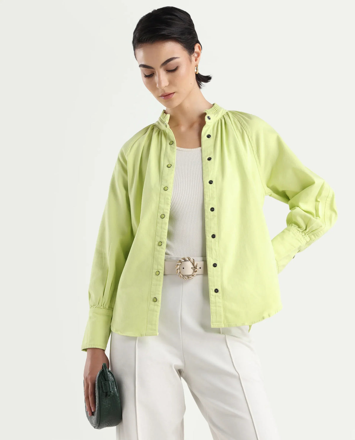 Rareism Women's Bellona Green Cotton Sweetheart Neck Plain Regular Fit Jacket