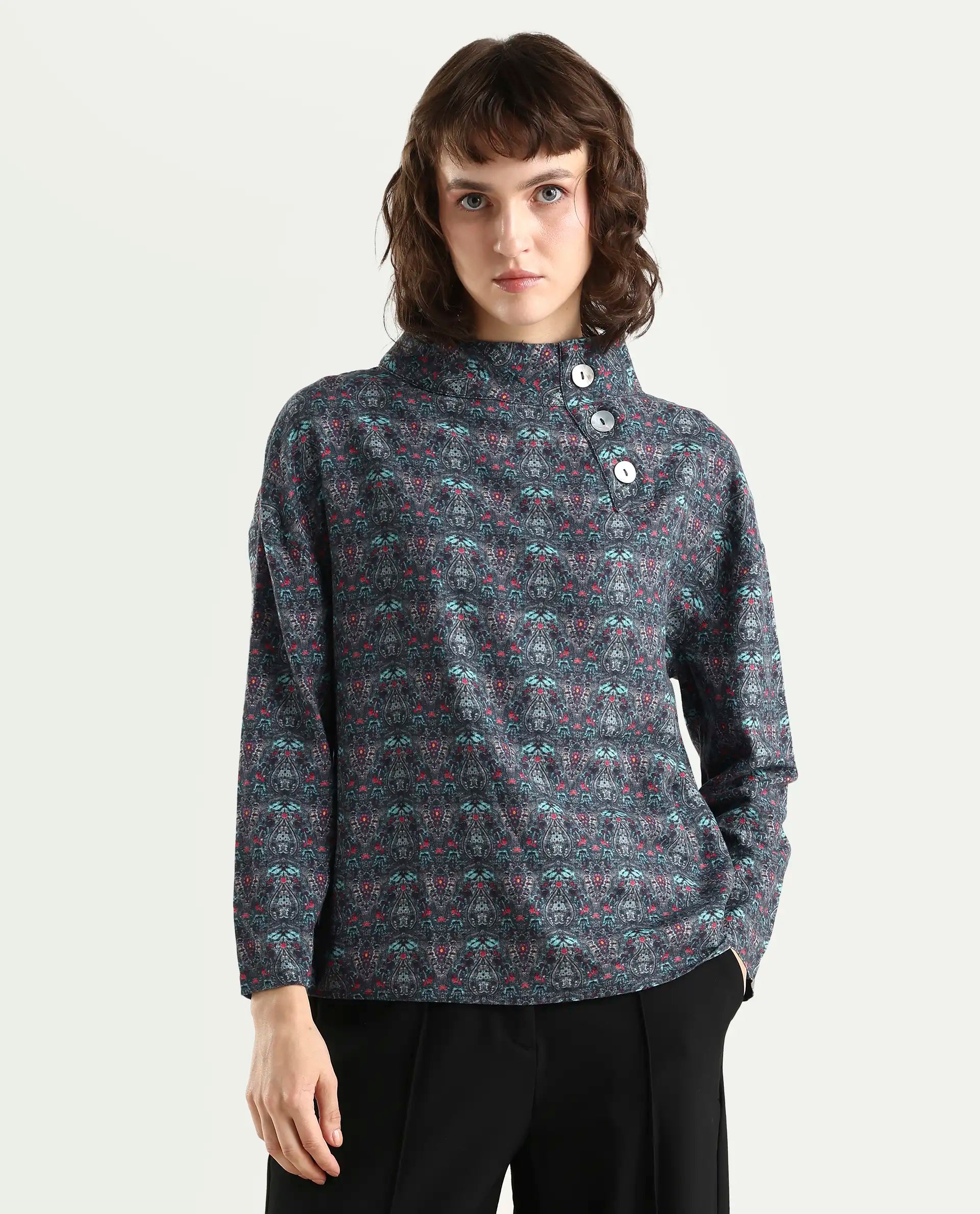 Rareism Women's Summary Grey Linen High Neck Geometric Print Tailored Top