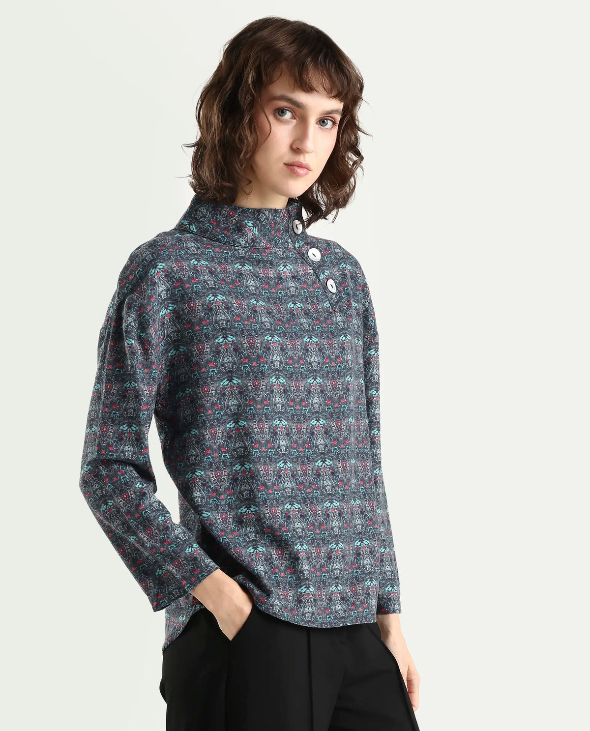 Rareism Women's Summary Grey Linen High Neck Geometric Print Tailored Top