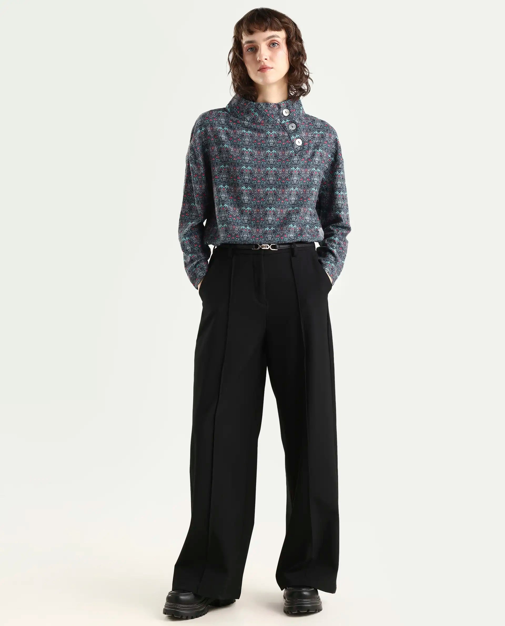 Rareism Women's Summary Grey Linen High Neck Geometric Print Tailored Top