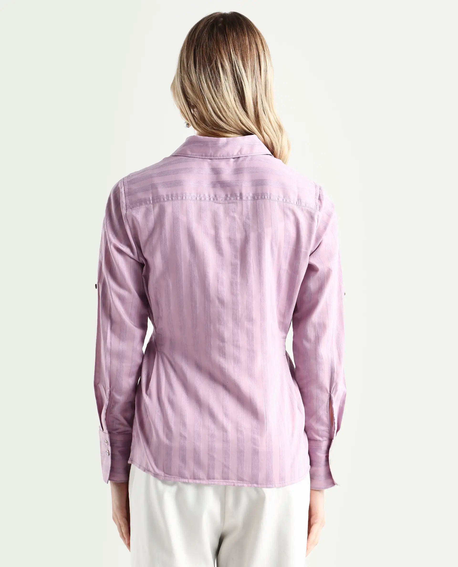 Rareism Women's Pickle Pink Cotton Spread Collar Striped Regular Fit Top