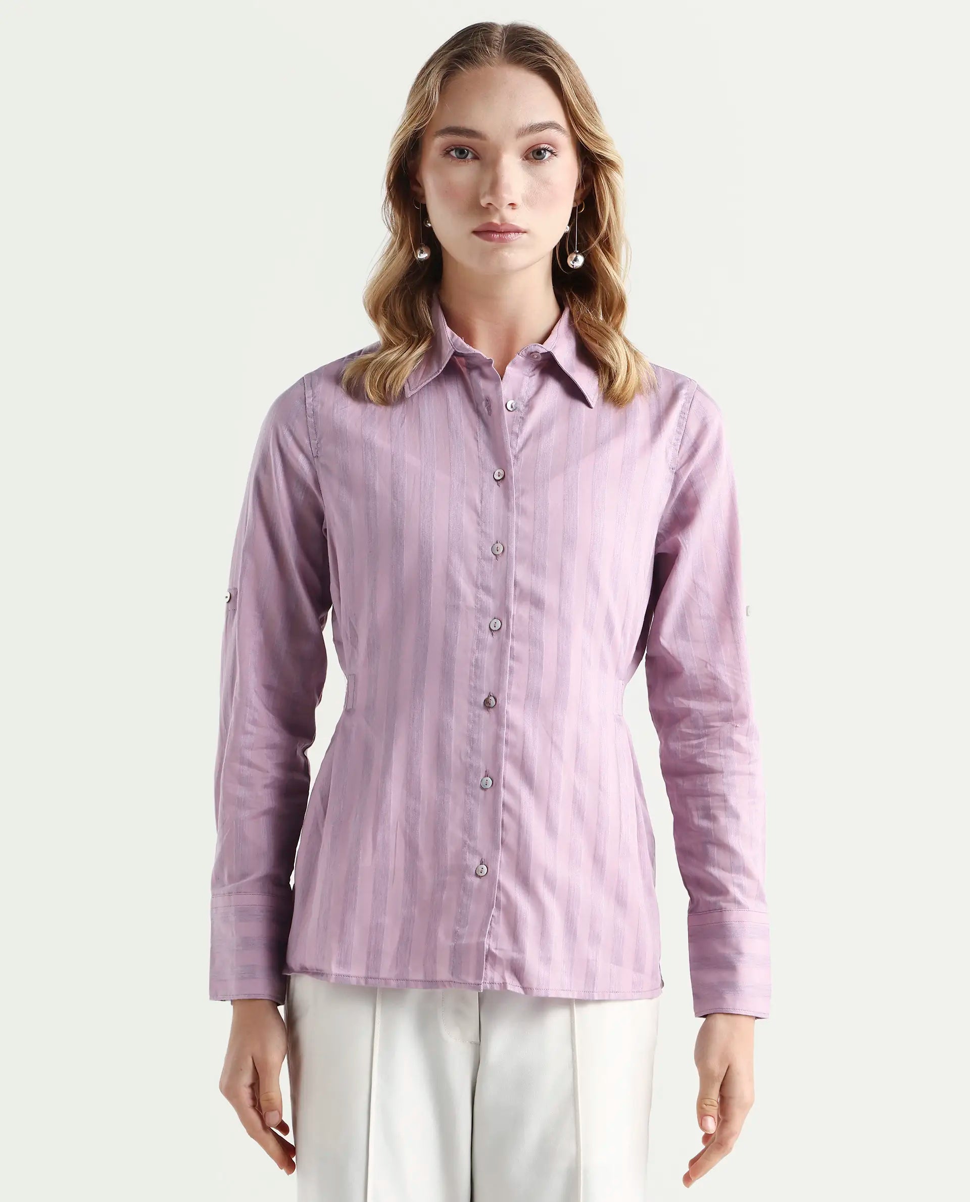 Rareism Women's Pickle Pink Cotton Spread Collar Striped Regular Fit Top