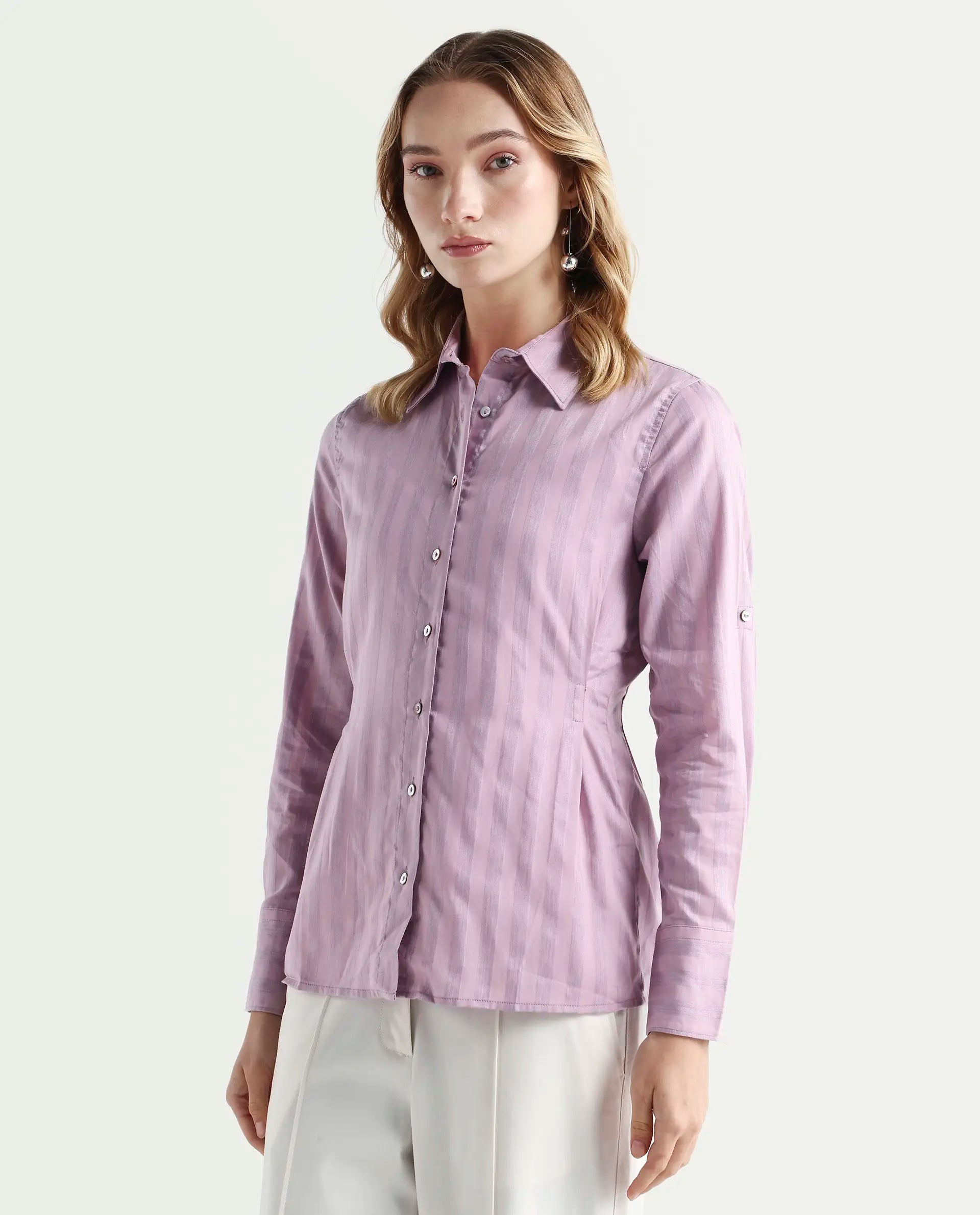 Rareism Women's Pickle Pink Cotton Spread Collar Striped Regular Fit Top