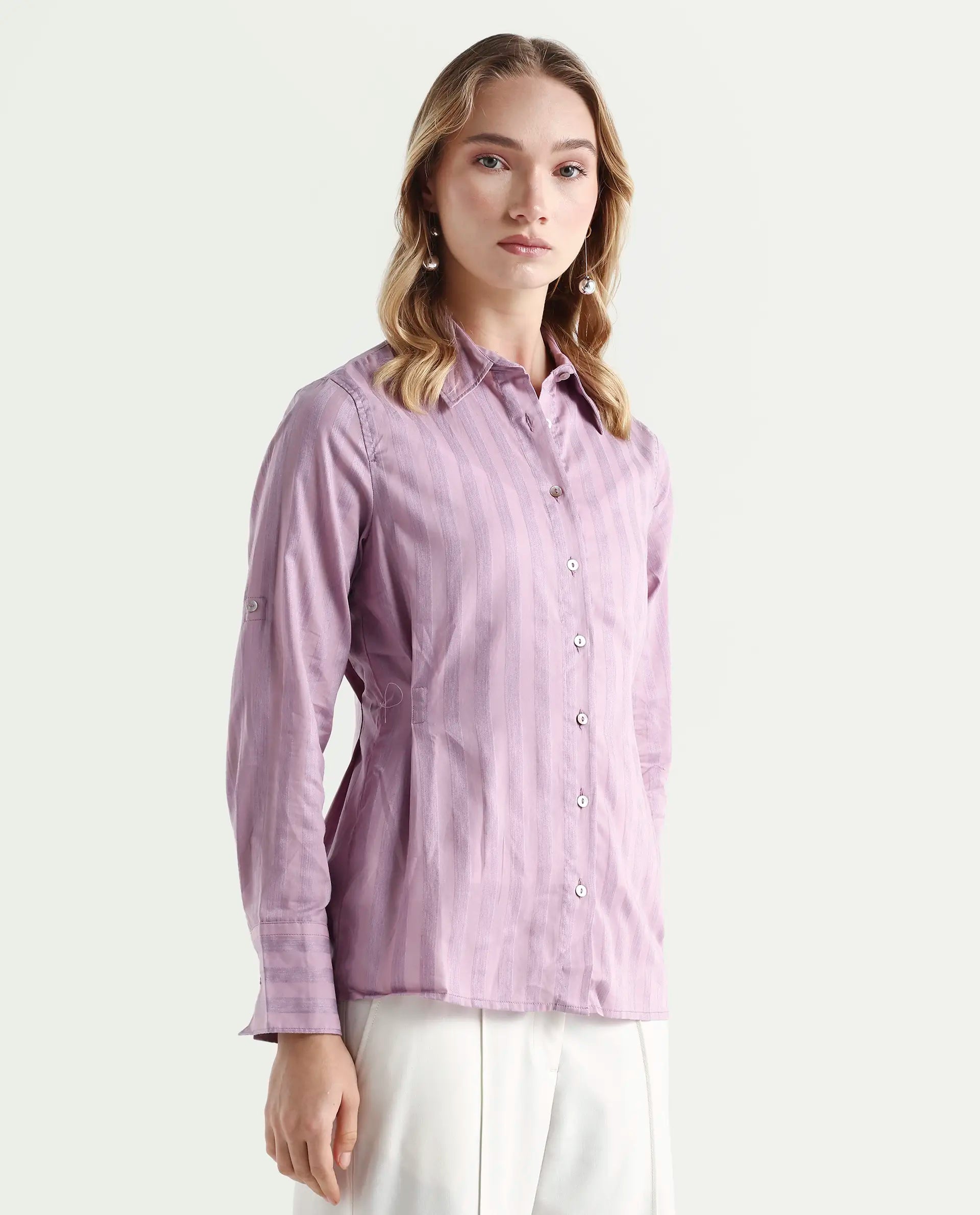 Rareism Women's Pickle Pink Cotton Spread Collar Striped Regular Fit Top