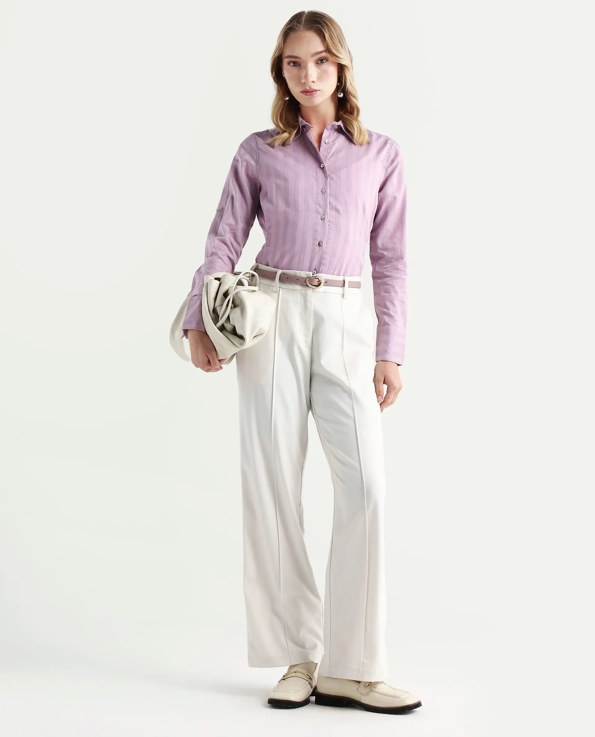 Rareism Women's Pickle Pink Cotton Spread Collar Striped Regular Fit Top