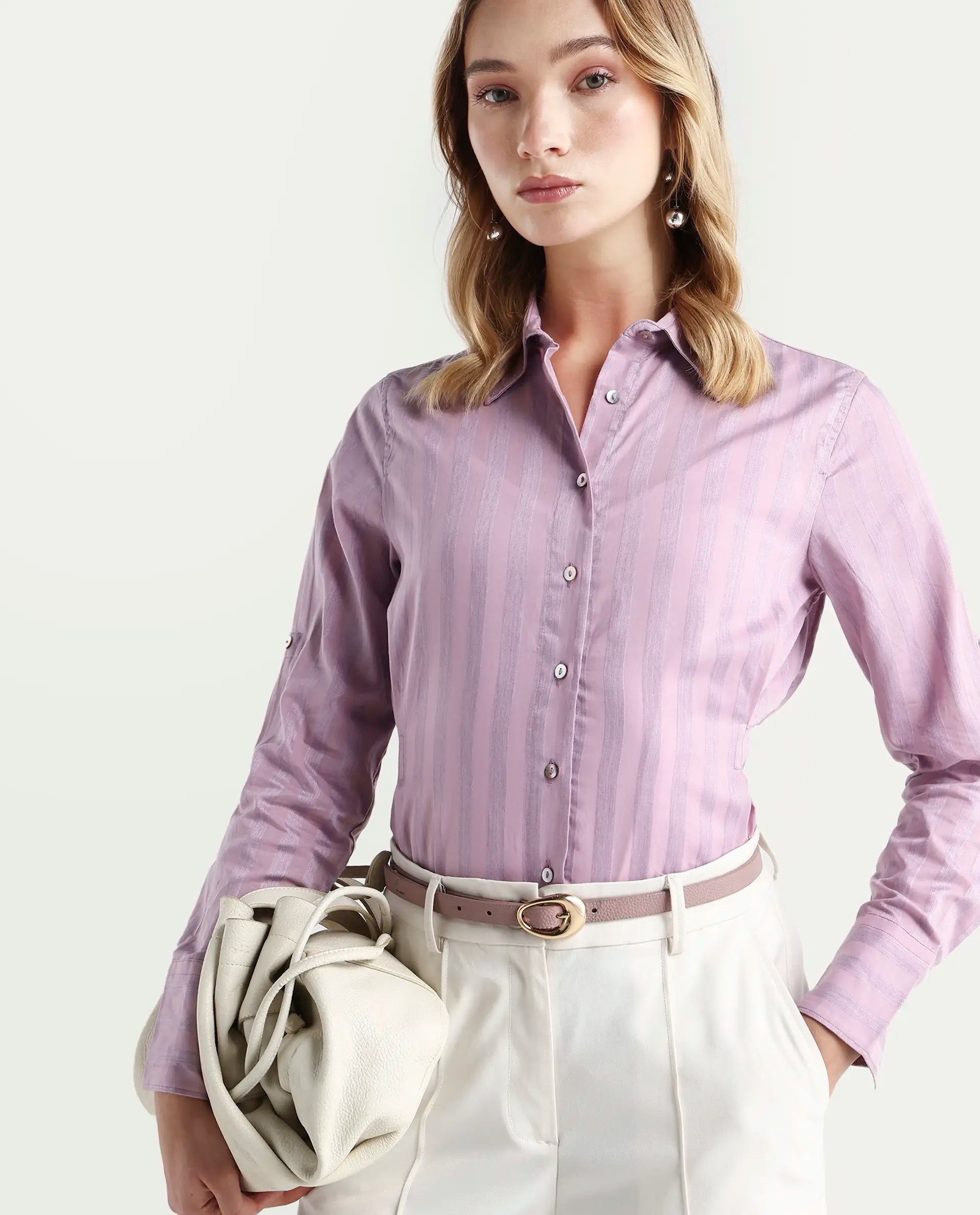 Rareism Women's Pickle Pink Cotton Spread Collar Striped Regular Fit Top