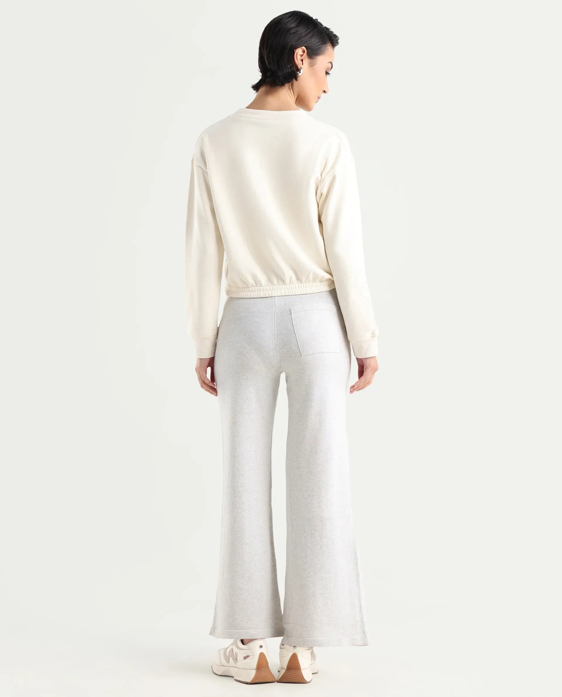 Rareism Women's Finn Track Offwhite Cotton Plain Ankle Length Flared Track Pant