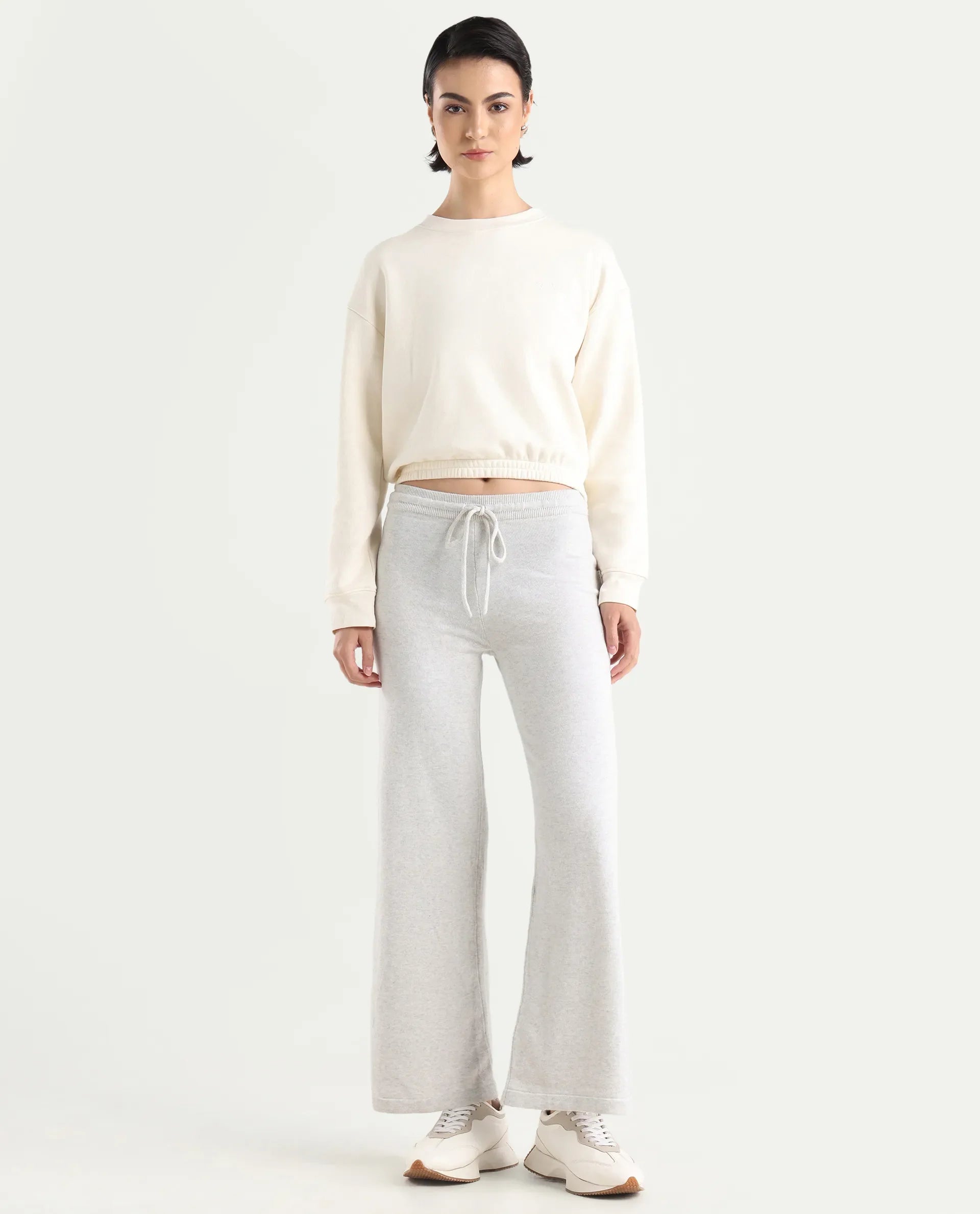 Rareism Women's Finn Track Offwhite Cotton Plain Ankle Length Flared Track Pant
