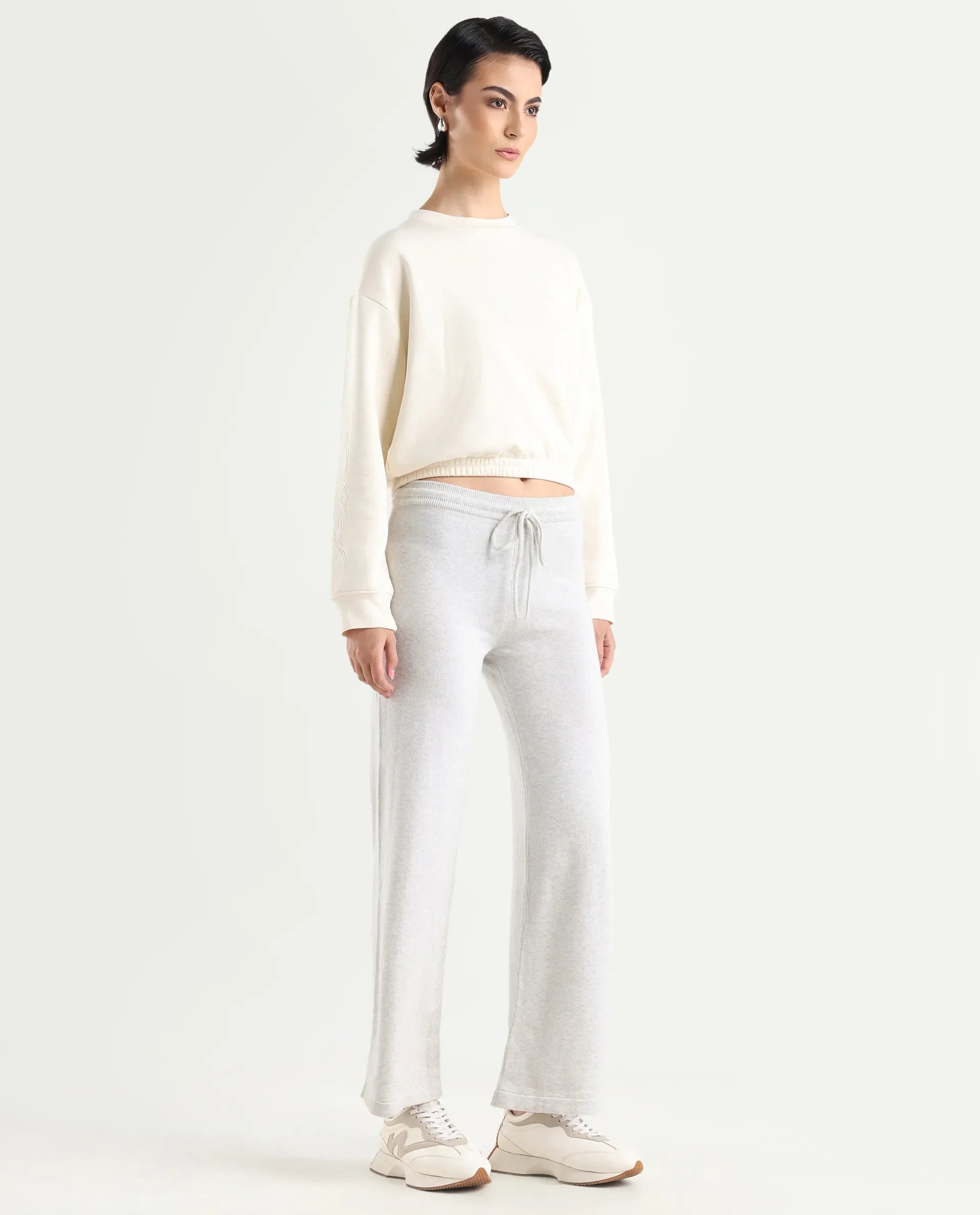 Rareism Women's Finn Track Offwhite Cotton Plain Ankle Length Flared Track Pant