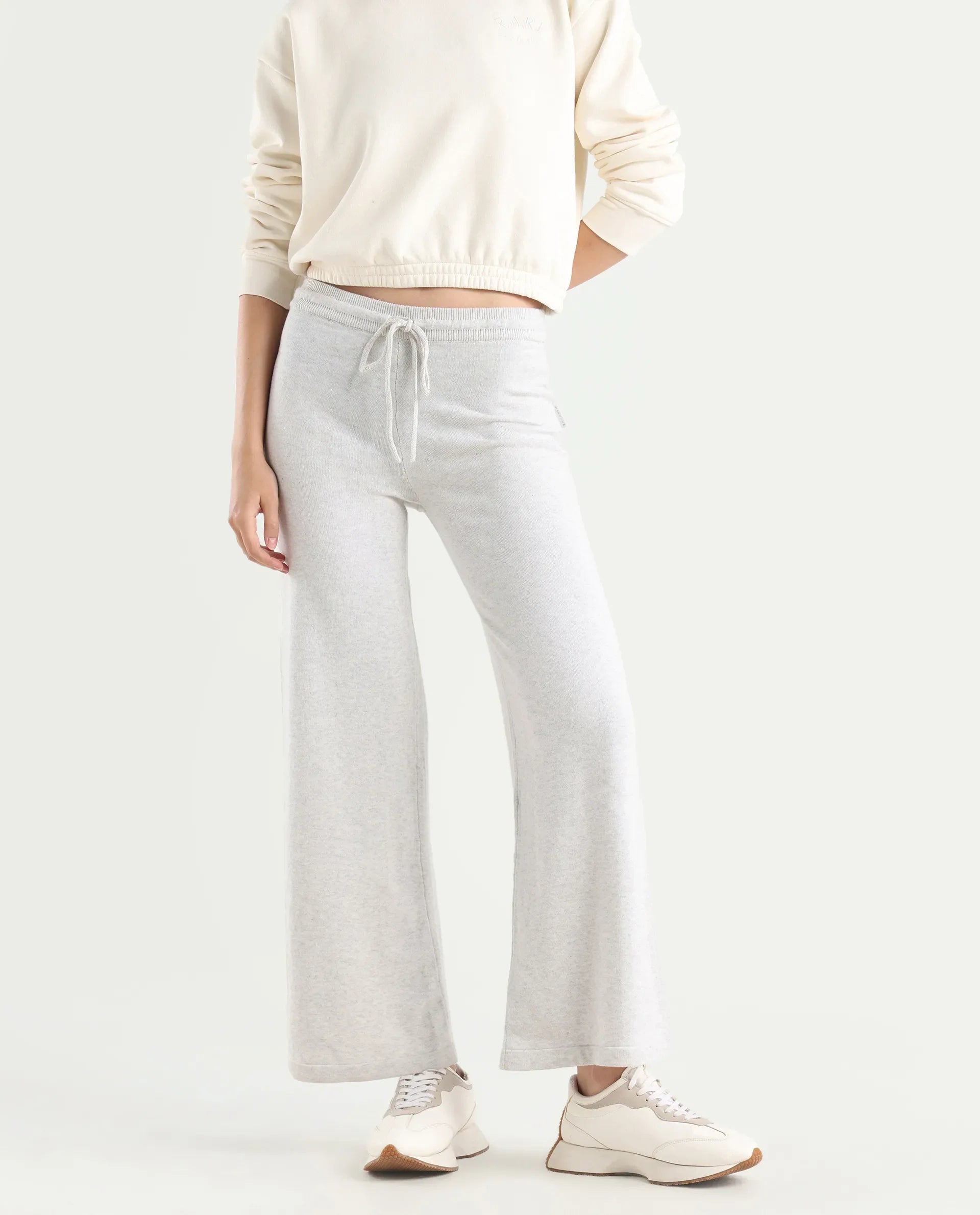 Rareism Women's Finn Track Offwhite Cotton Plain Ankle Length Flared Track Pant