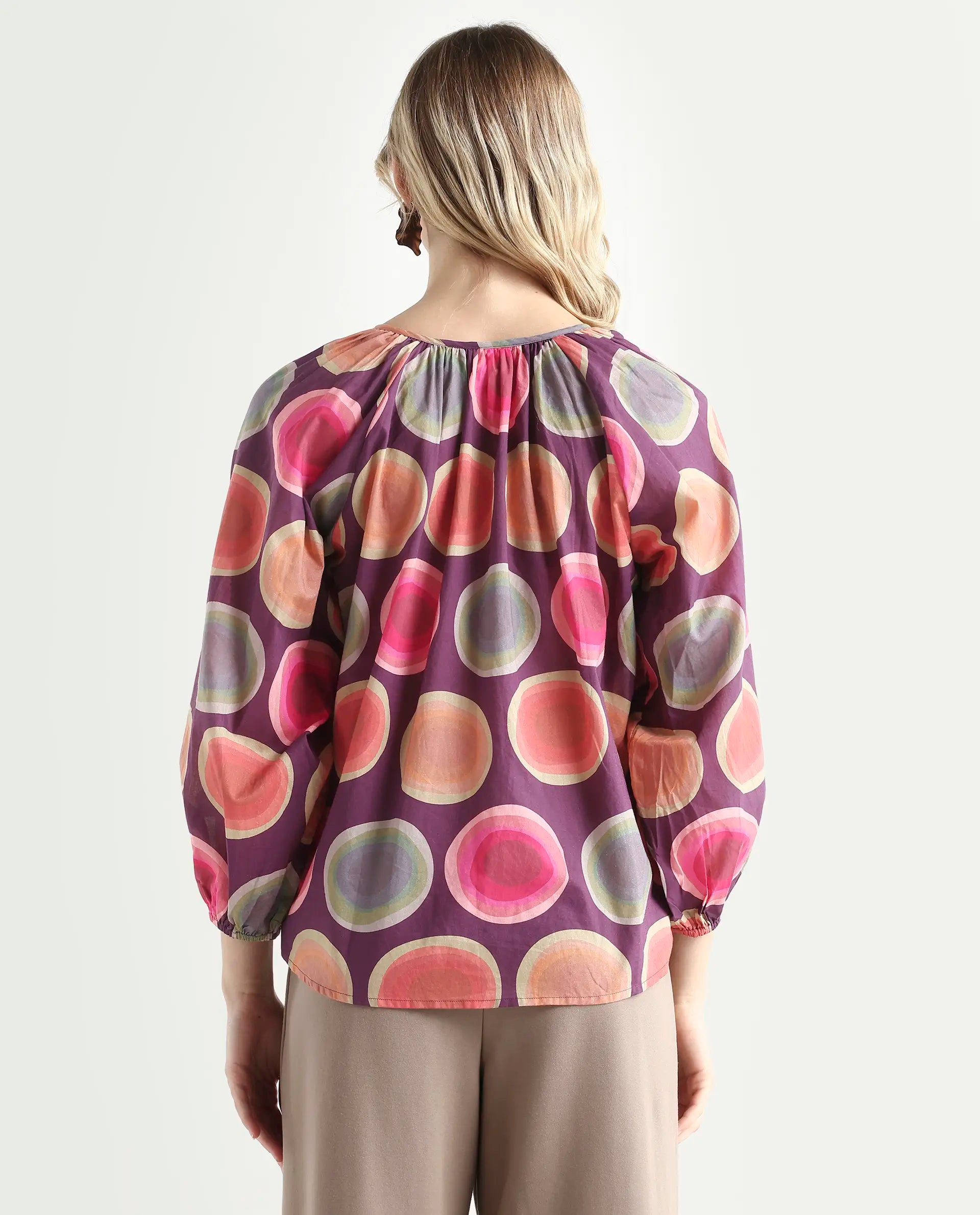 Rareism Women's Orlie Purple Cotton Key Hole Neck Geometric Print Puff Sleeves Relaxed Fit Top