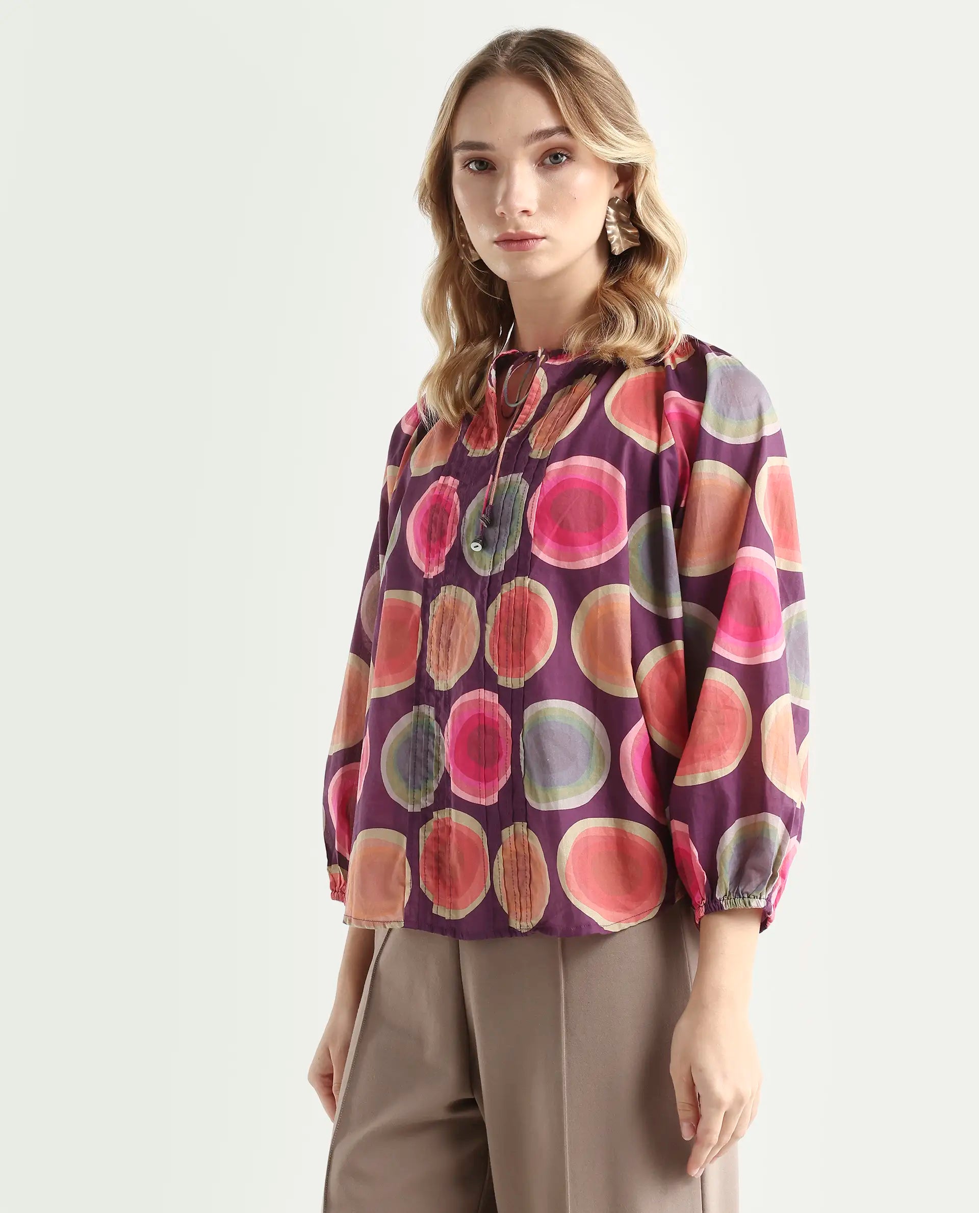 Rareism Women's Orlie Purple Cotton Key Hole Neck Geometric Print Puff Sleeves Relaxed Fit Top