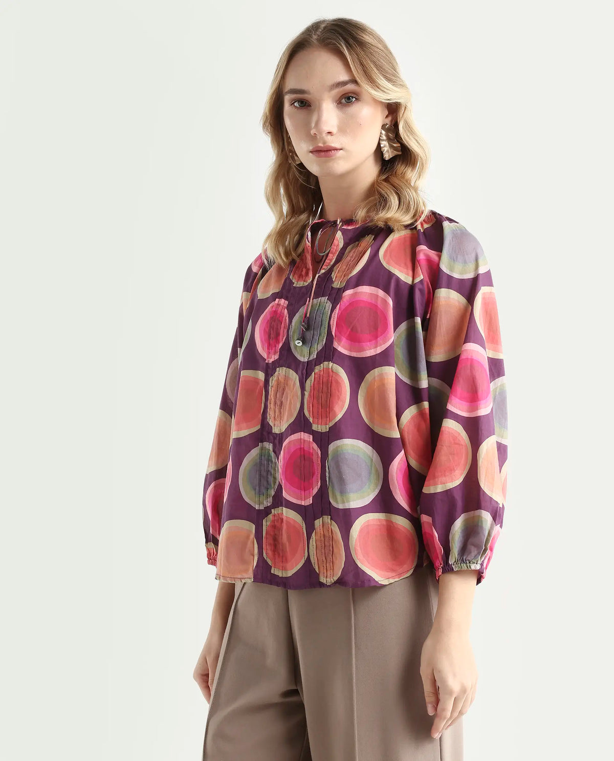 Rareism Women's Orlie Purple Cotton Key Hole Neck Geometric Print Puff Sleeves Relaxed Fit Top