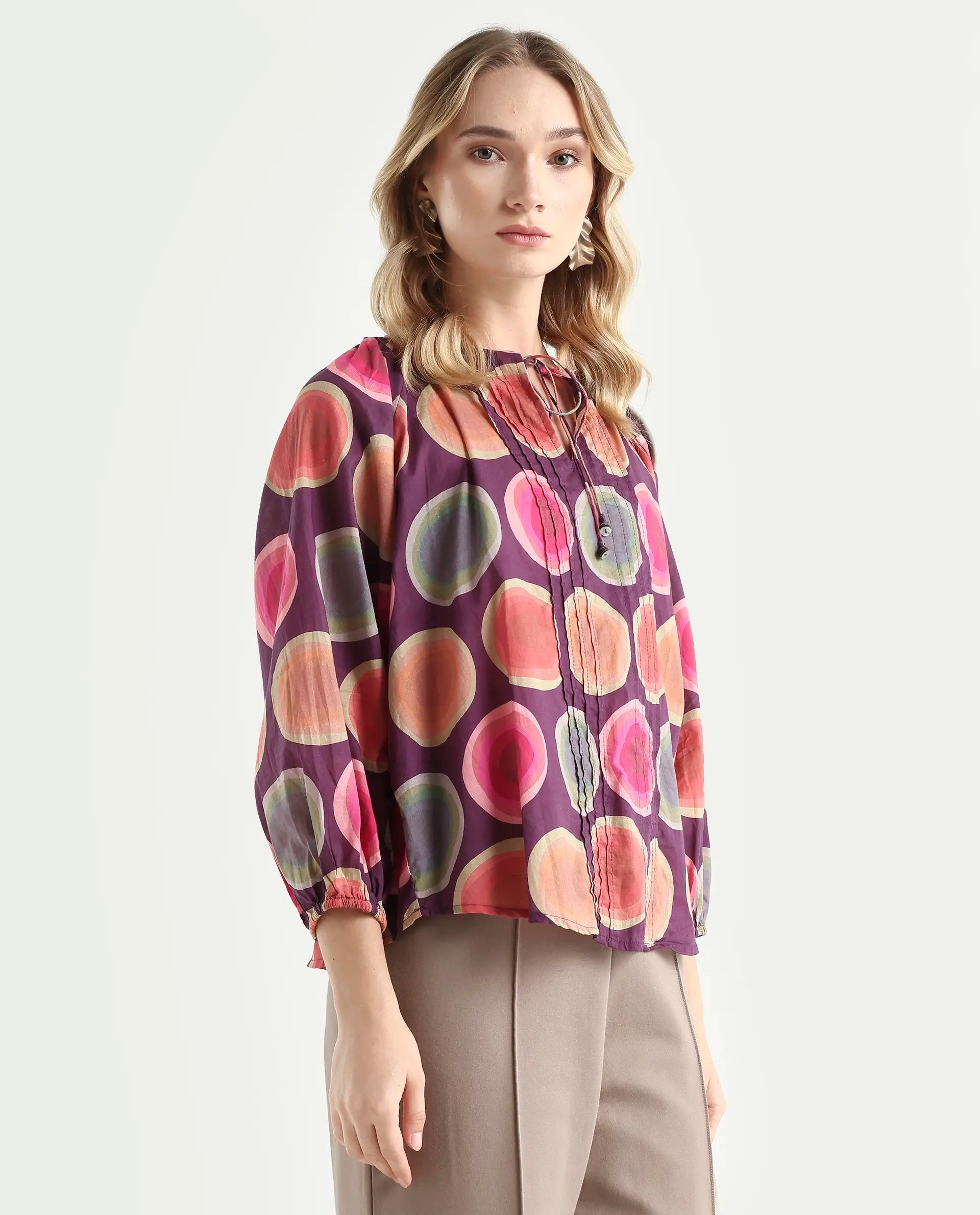 Rareism Women's Orlie Purple Cotton Key Hole Neck Geometric Print Puff Sleeves Relaxed Fit Top
