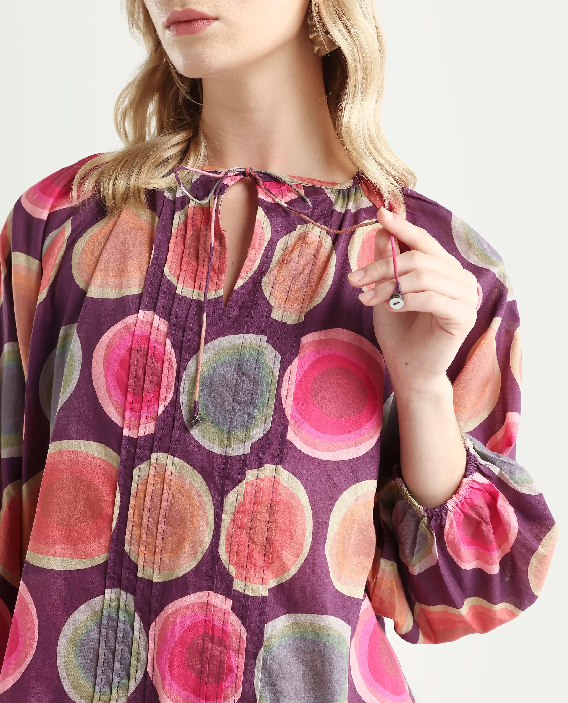 Rareism Women's Orlie Purple Cotton Key Hole Neck Geometric Print Puff Sleeves Relaxed Fit Top
