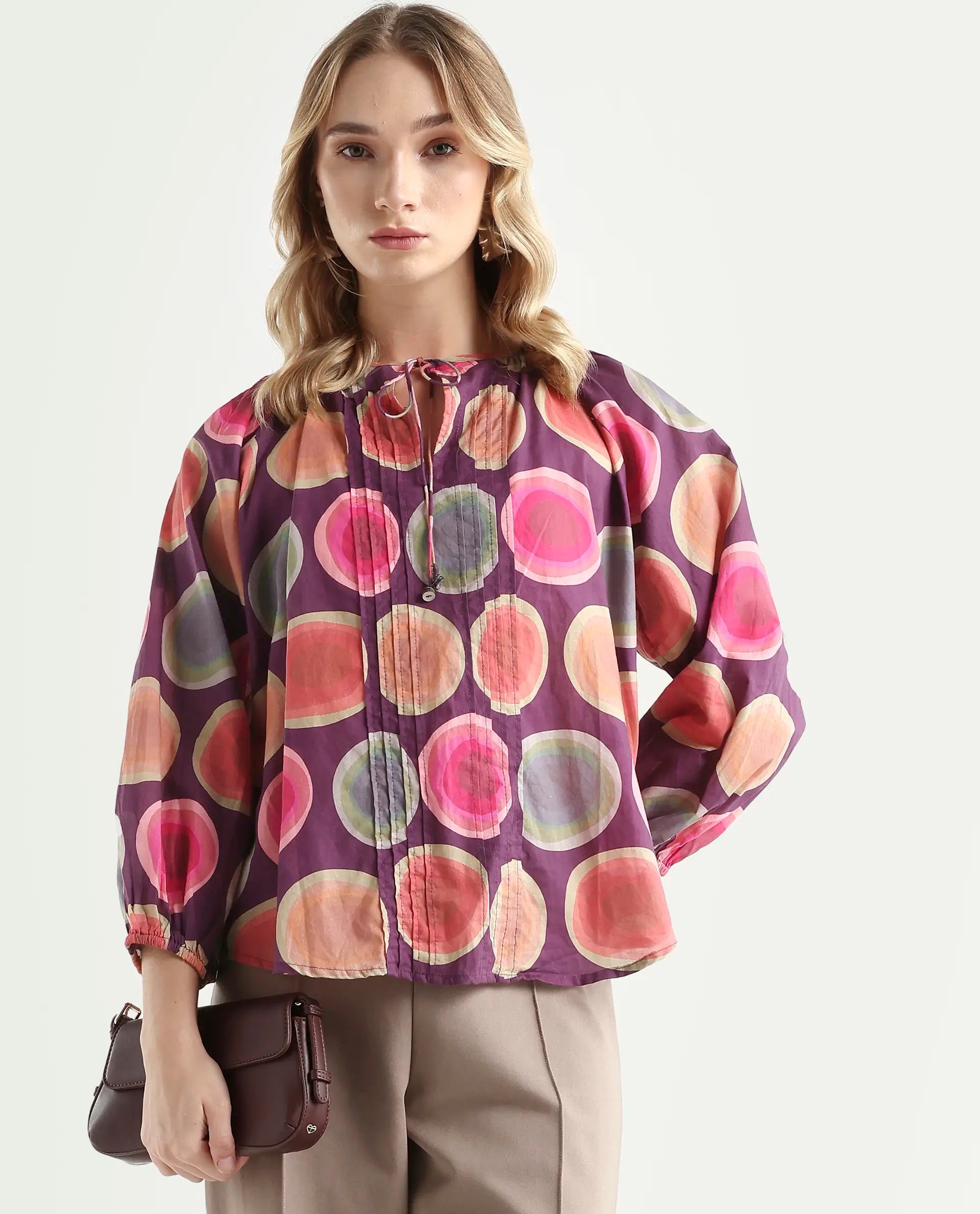 Rareism Women's Orlie Purple Cotton Key Hole Neck Geometric Print Puff Sleeves Relaxed Fit Top