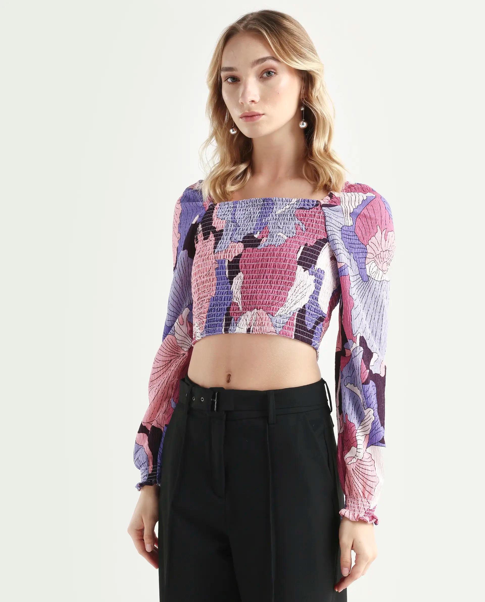 Rareism Women's Kohl Multi Square Neck Printed Knee Length Regular Fit Top