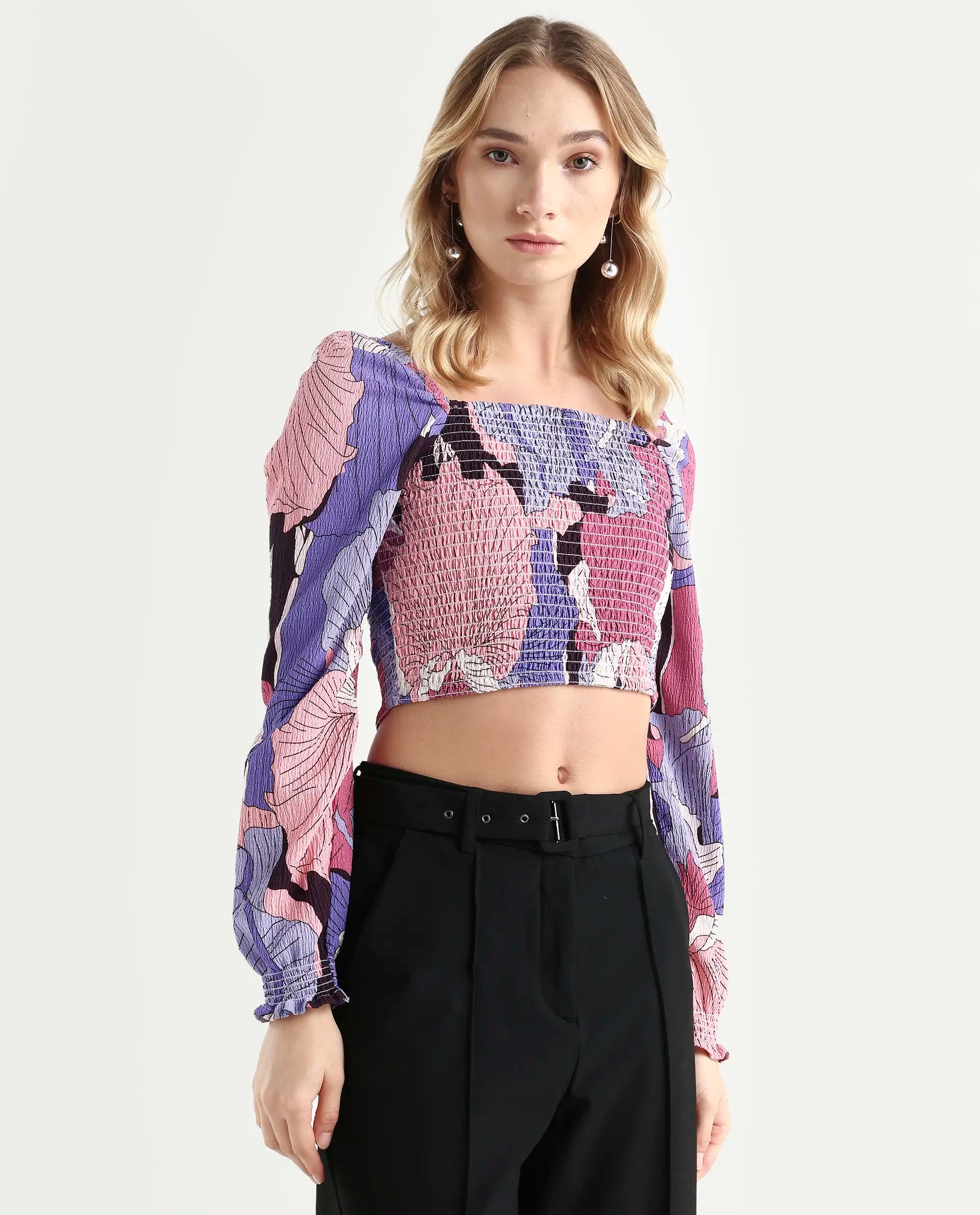 Rareism Women's Kohl Multi Square Neck Printed Knee Length Regular Fit Top