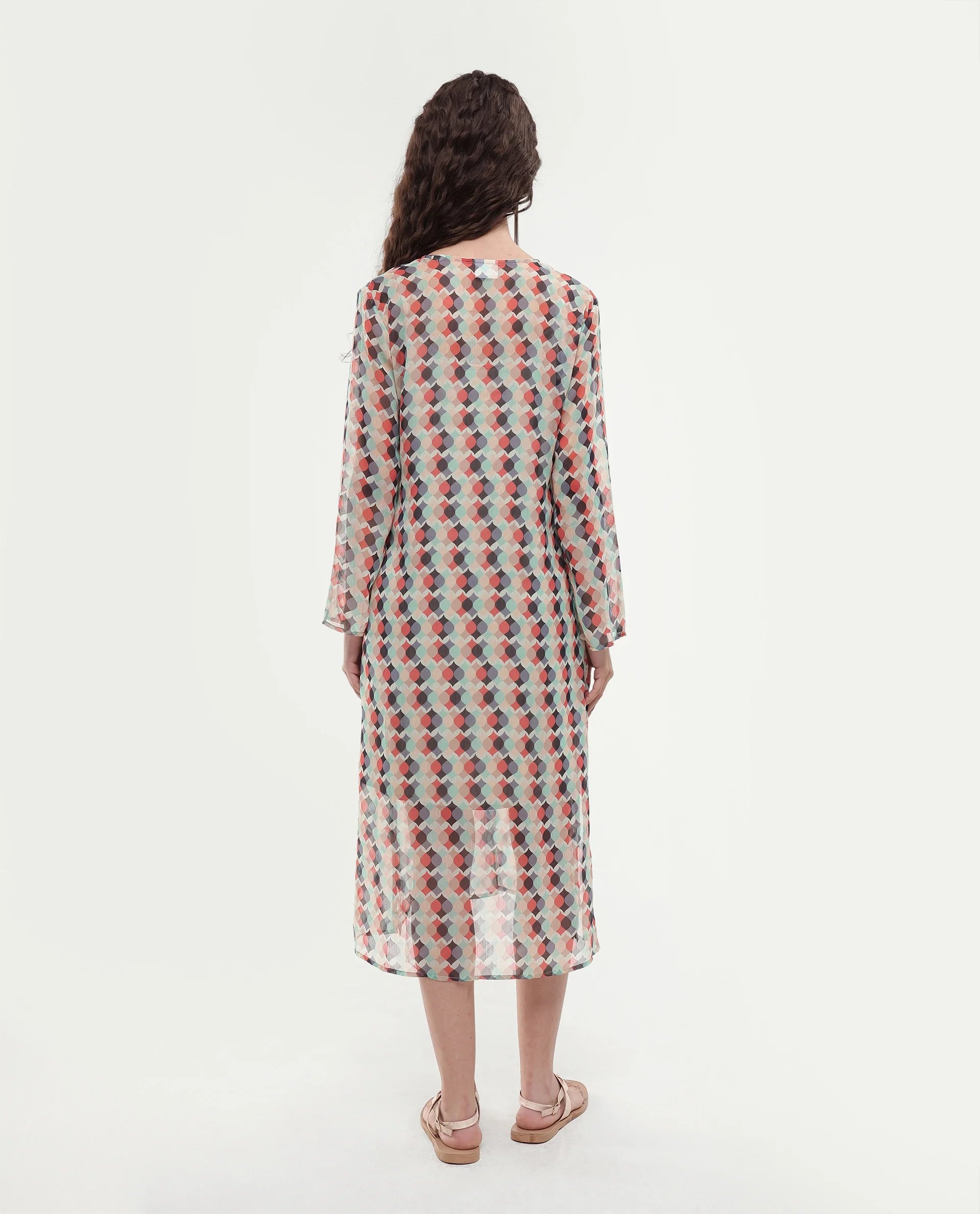 Rareism Women's Mirun Multi Tie-Up Neck Abstract Print Knee Length Regular Fit Dress