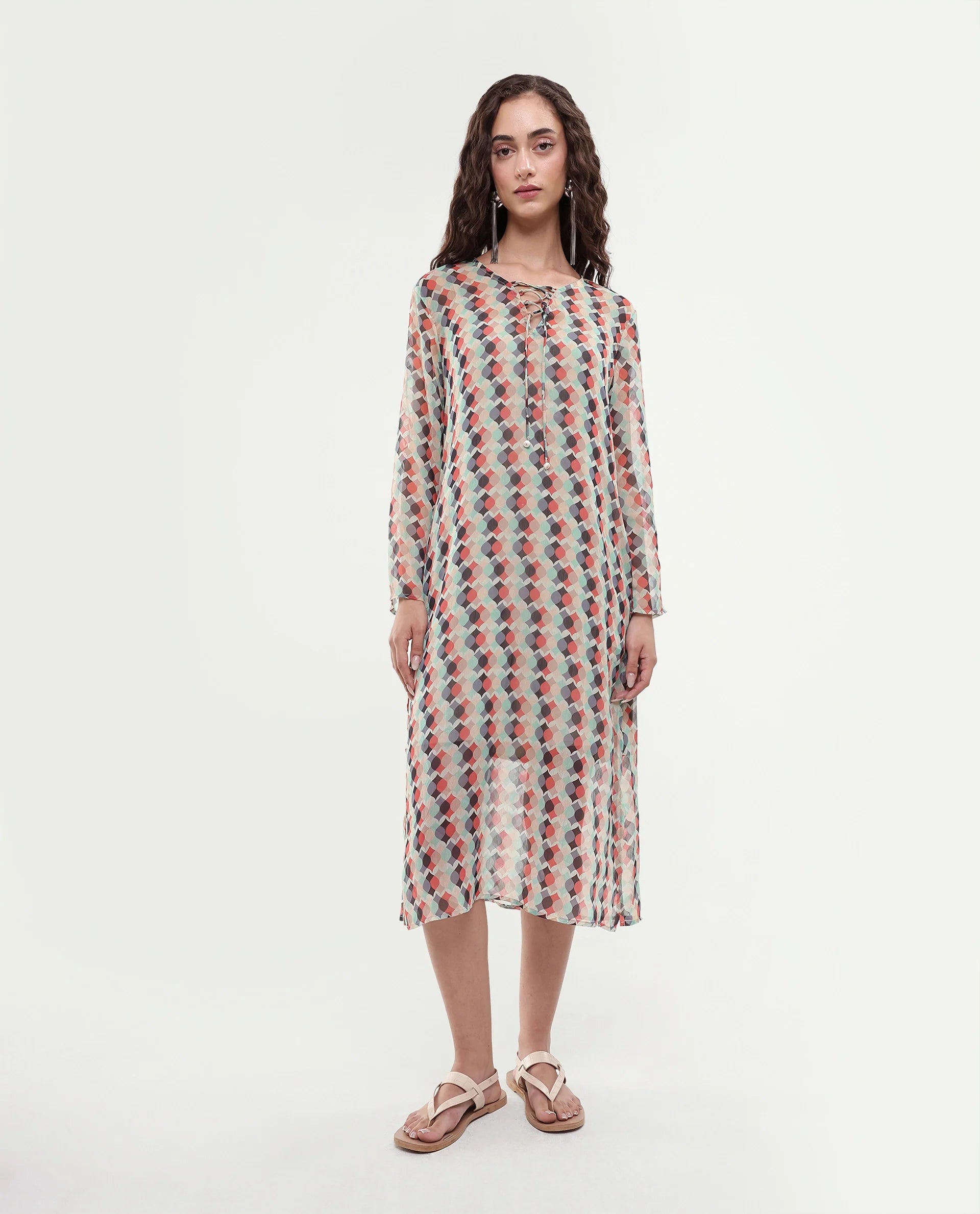 Rareism Women's Mirun Multi Tie-Up Neck Abstract Print Knee Length Regular Fit Dress