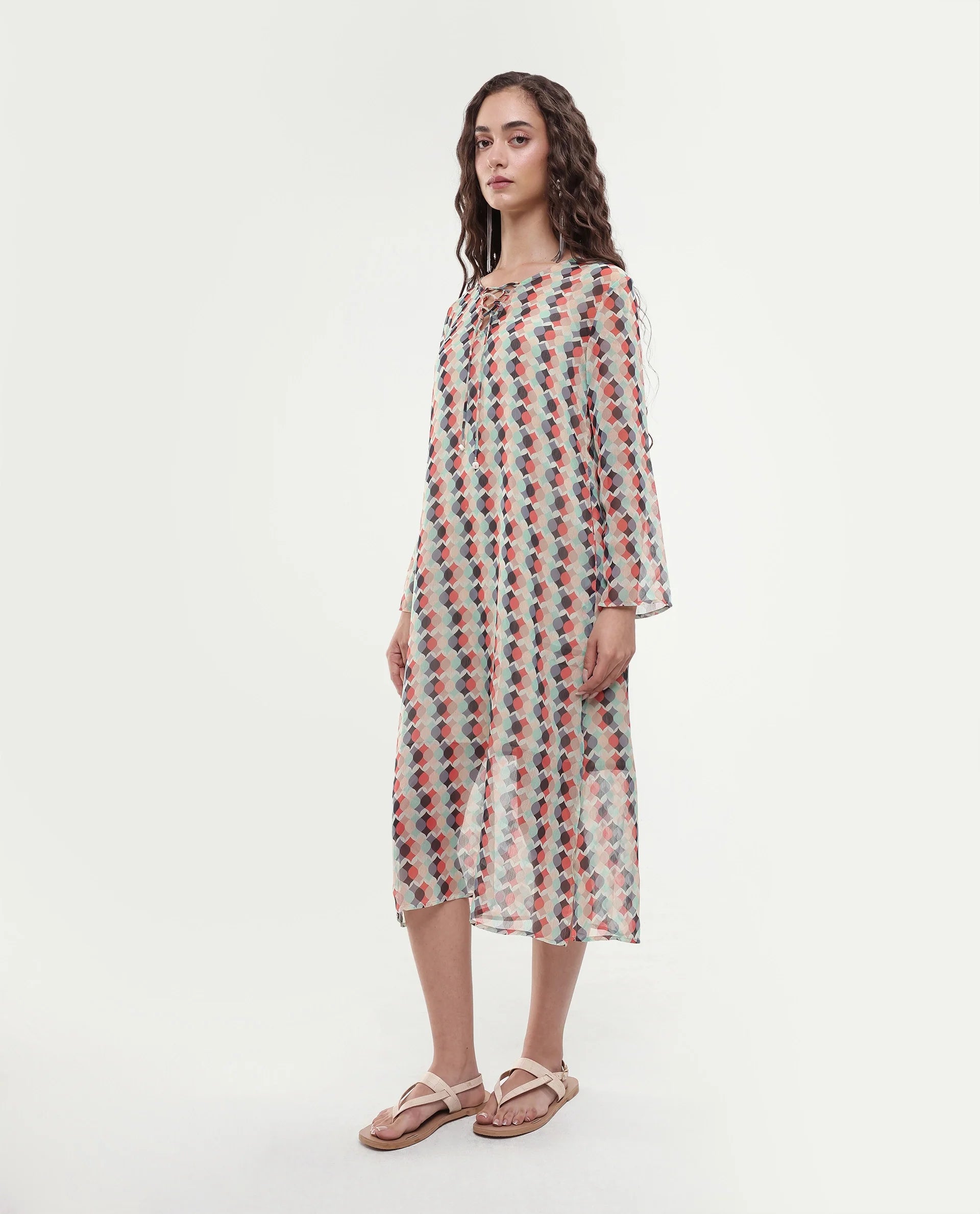 Rareism Women's Mirun Multi Tie-Up Neck Abstract Print Knee Length Regular Fit Dress